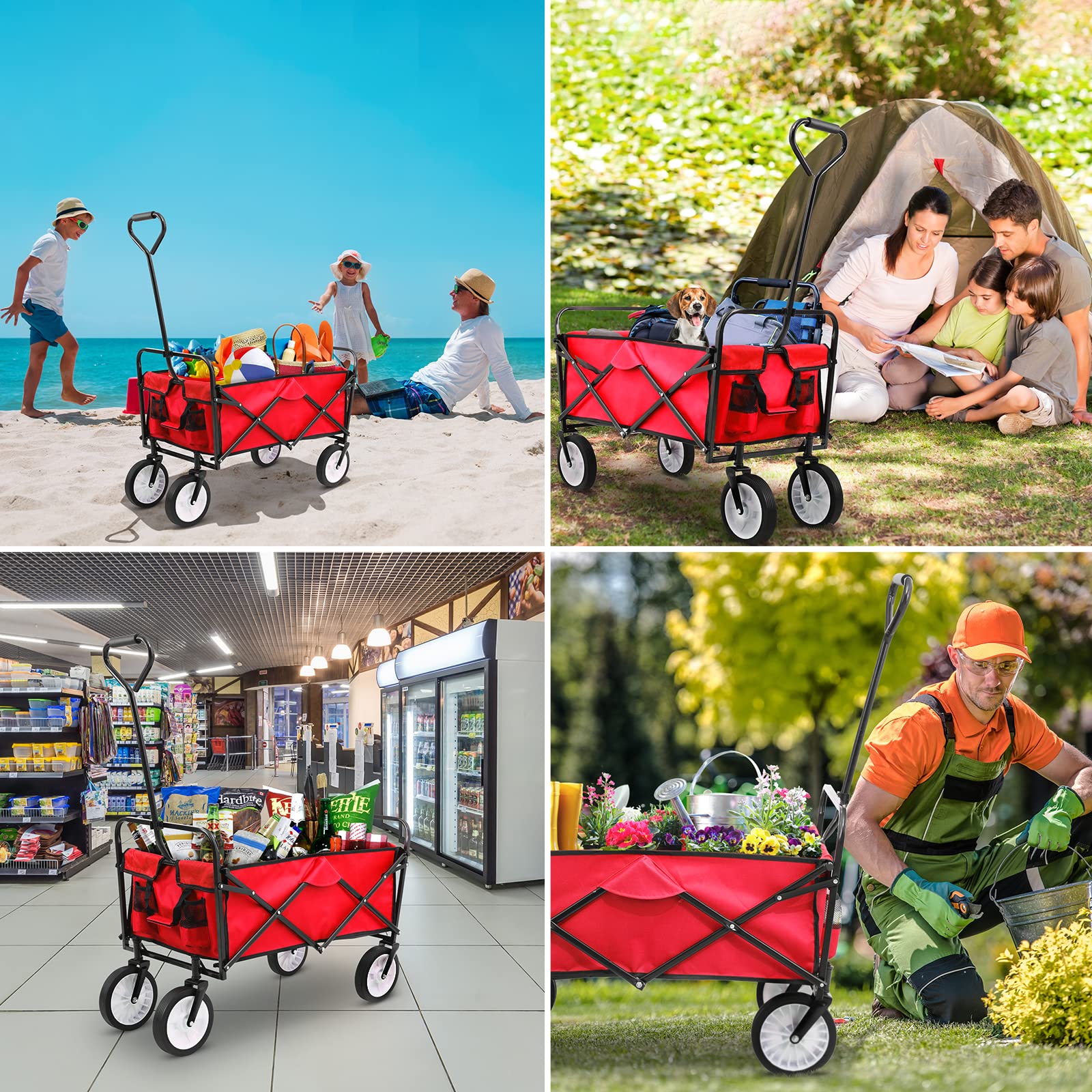 MAMIZO transportwagen opvouwbaar handwagen met zijzak tuinwagen met 80 kg draagvermogen outdoor-camping winkelen voor alle terreinen (rood) Normaal