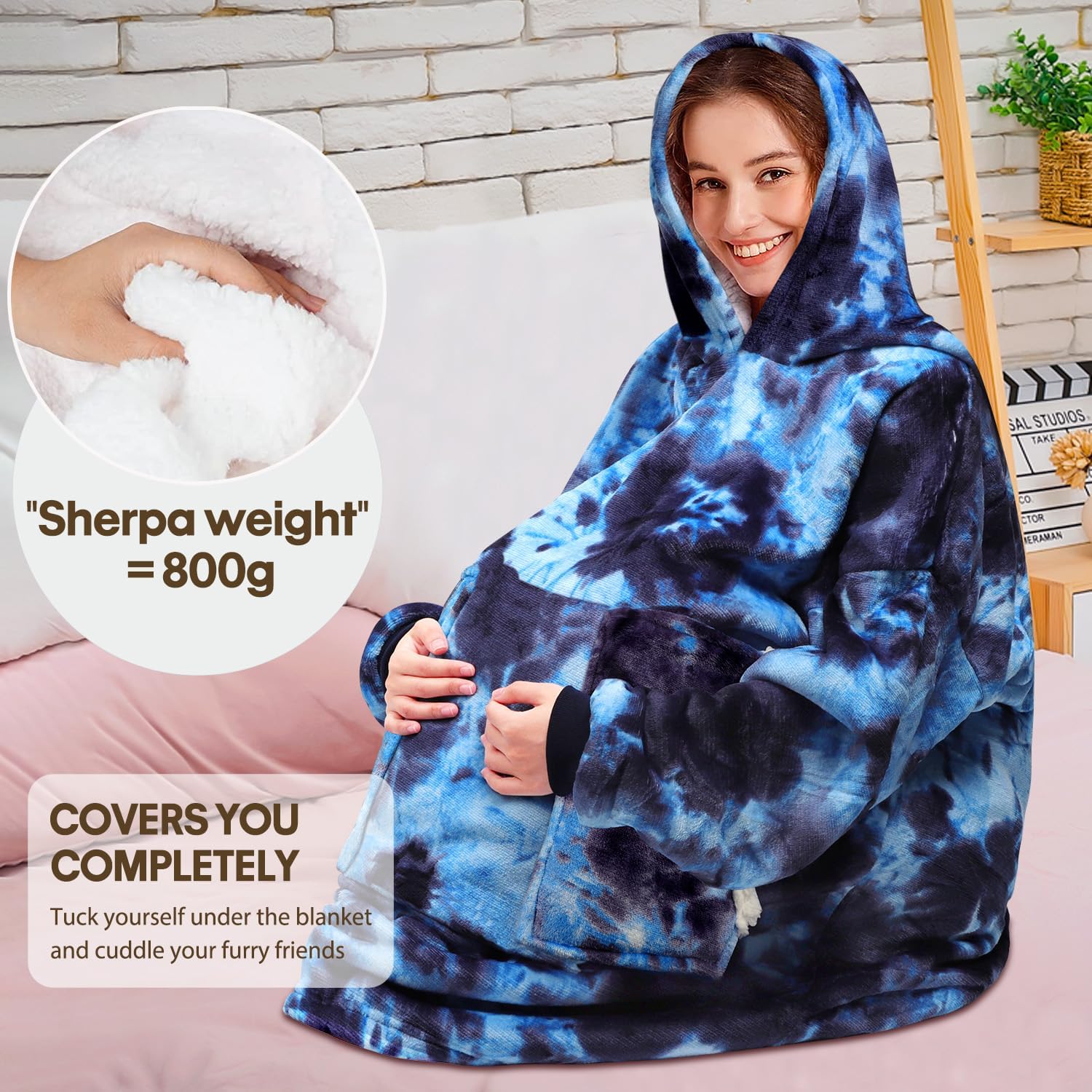 Wearable Blanket Hoodie Gifts for Adults Mom Women Men Oversized Fluffy Hoodie Cozy Hideout Hoodie Sweatshirt Sweater Blanket with Pocket (Tie-Dye-Blue) - Image 2