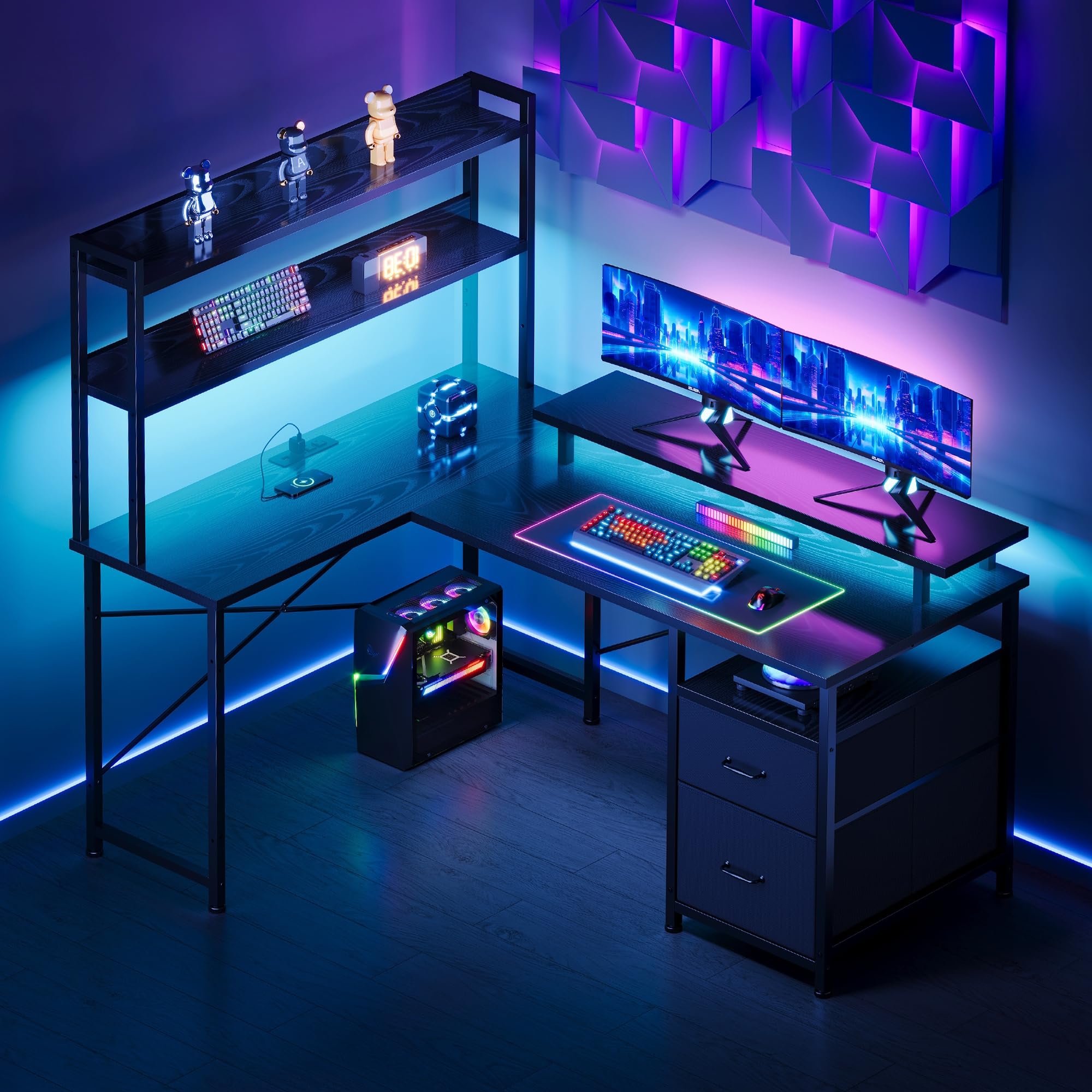 Escritorio para juegos en forma de L con estantes, escritorio reversible para juegos para computadora con luces LED y estación de carga, escritorio de esquina para oficina en casa con soporte 2