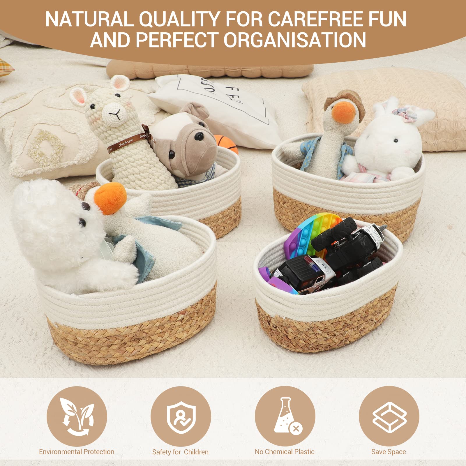 Lannvan Panier Rangement,Lot de 4 Paniers de Rangement Tressés en Jacinthe d'Eau et en Coton pour Salle de Bain,Cuisine,Organisateur Table a Langer Bebe,Corbeille Rangement pour Bébé,Enfant,Crème