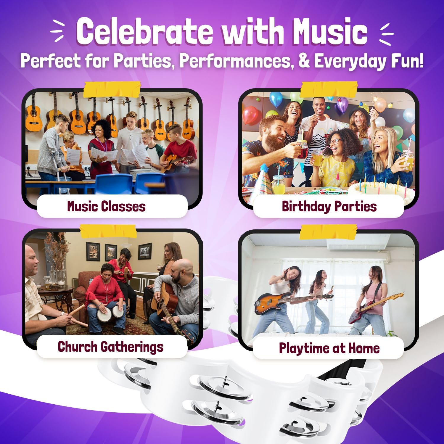 Flexzion Pandereta de flores – Instrumento de percusión de mano de 8 pulgadas con cascabeles de metal y agarre ergonómico – Panderetas pequeñas para adultos, niños, iglesia, fiestas y eventos