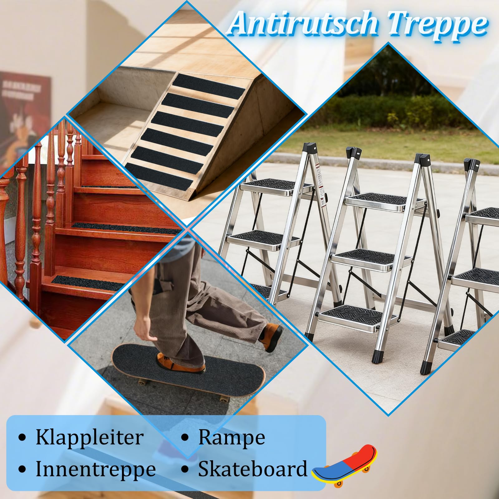 Bande antidérapante - 400 mm x 5 m - Haute traction - Noir - Avec autocollant - Pour skateboard, escaliers, escalier en bois - Accès sans obstacles