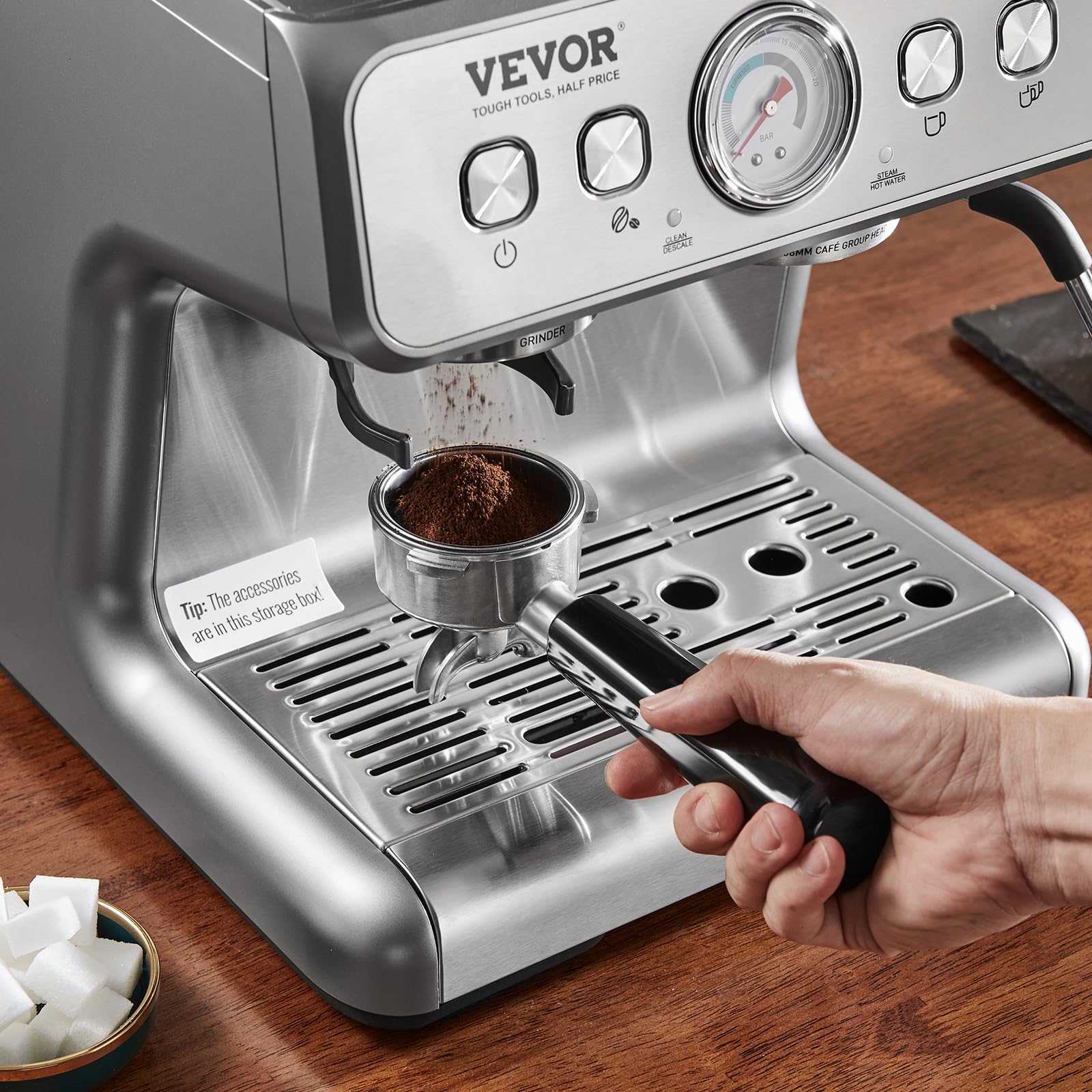 VEVOR Macchina per Caffè Espresso con Macinacaffè, Macchina per Caffè Espresso Semiautomatica da 15 Bar con Montalatte, Serbatoio dell'Acqua Estraibile e Manometro