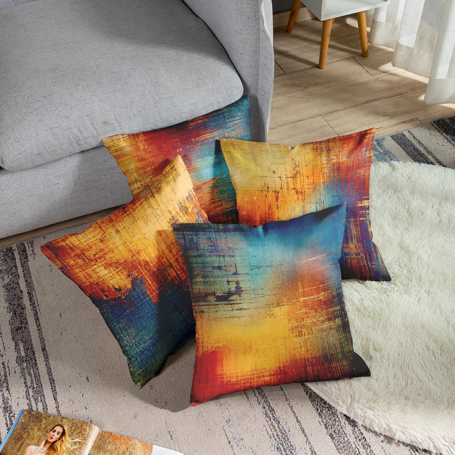 Emvency Set of 4 Throw Pillow Covers Vintage Abstract Blue and Orange Messy Rust Painting Decorative Pillow Cases Home Decor Standard Square 26x26 Inches Pillowcases