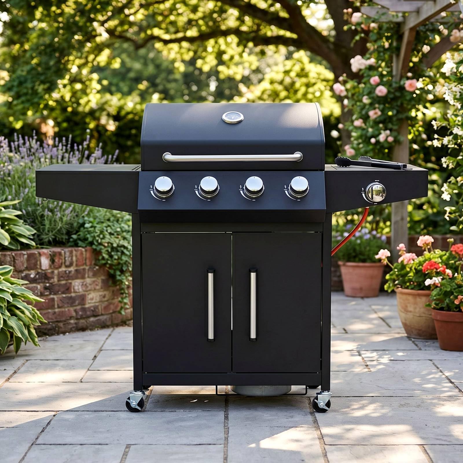 TLSUNNY Gasgrill 4+1 Brenner 15 kW, BBQ Grillwagen Gas mit Seitenkochfeld, Gasgriller Outdoor Edelstahl mit Thermometer, 4 PCS Rollen, 60x42 cm Grillrost & Warmhalterost, Grillküche für Balkon, Garden