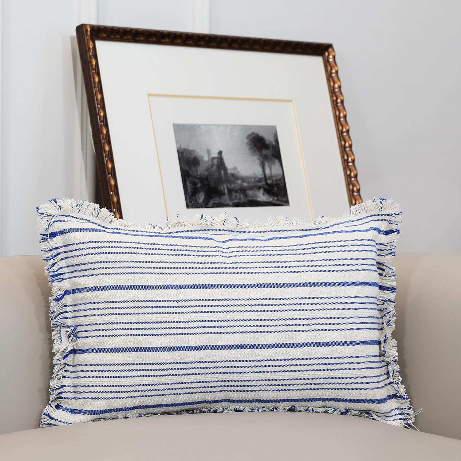 BOYSUM Blue Fringes Throw Pillow Covers 12x20 Inch