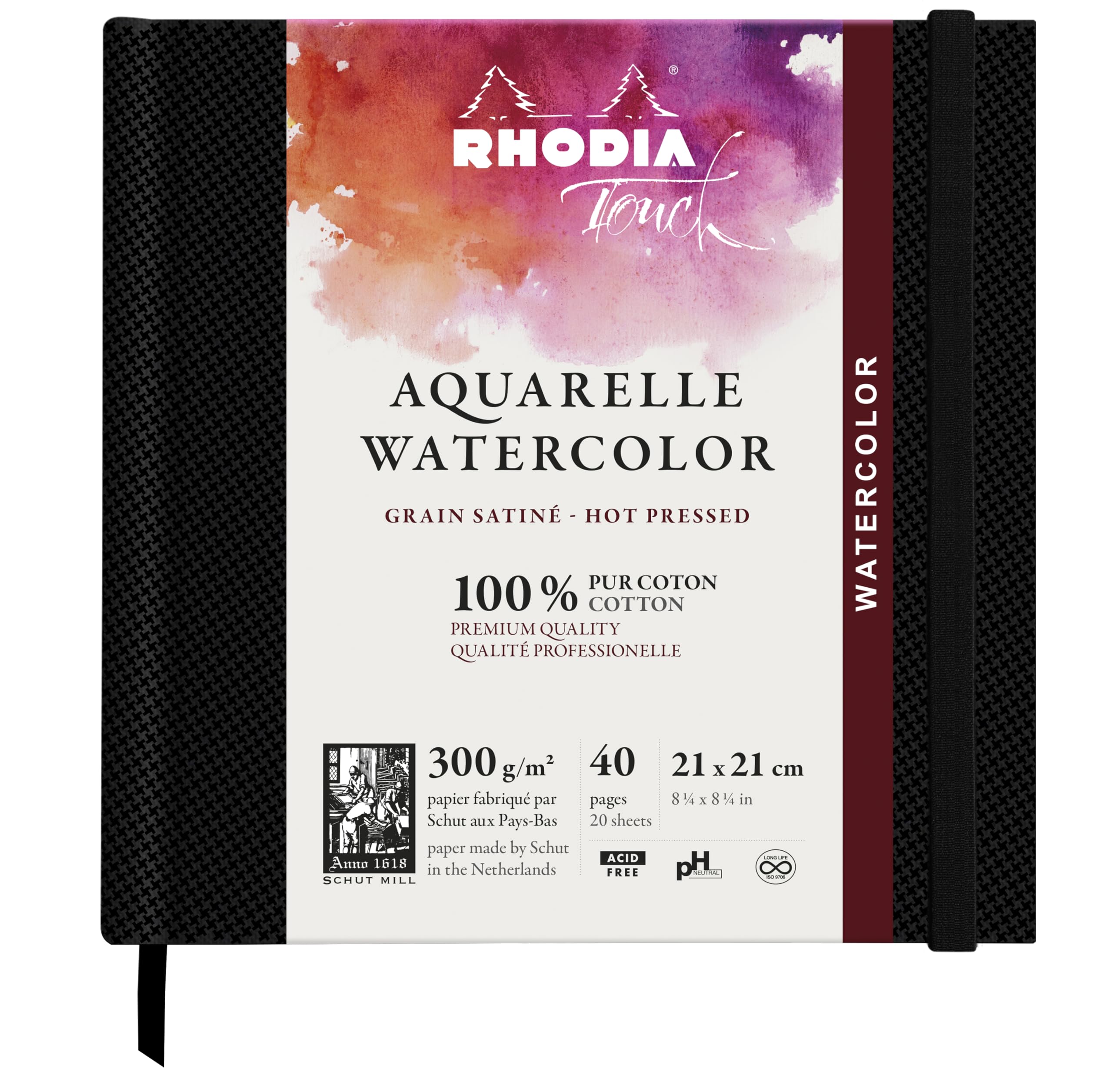 Rhodia 116161C - Rhodia Touch Watercolor Book, 100% cotton satin grain paper 300g - 21x21 cm, 40 pages sewn, stiff edged brochure, Black
