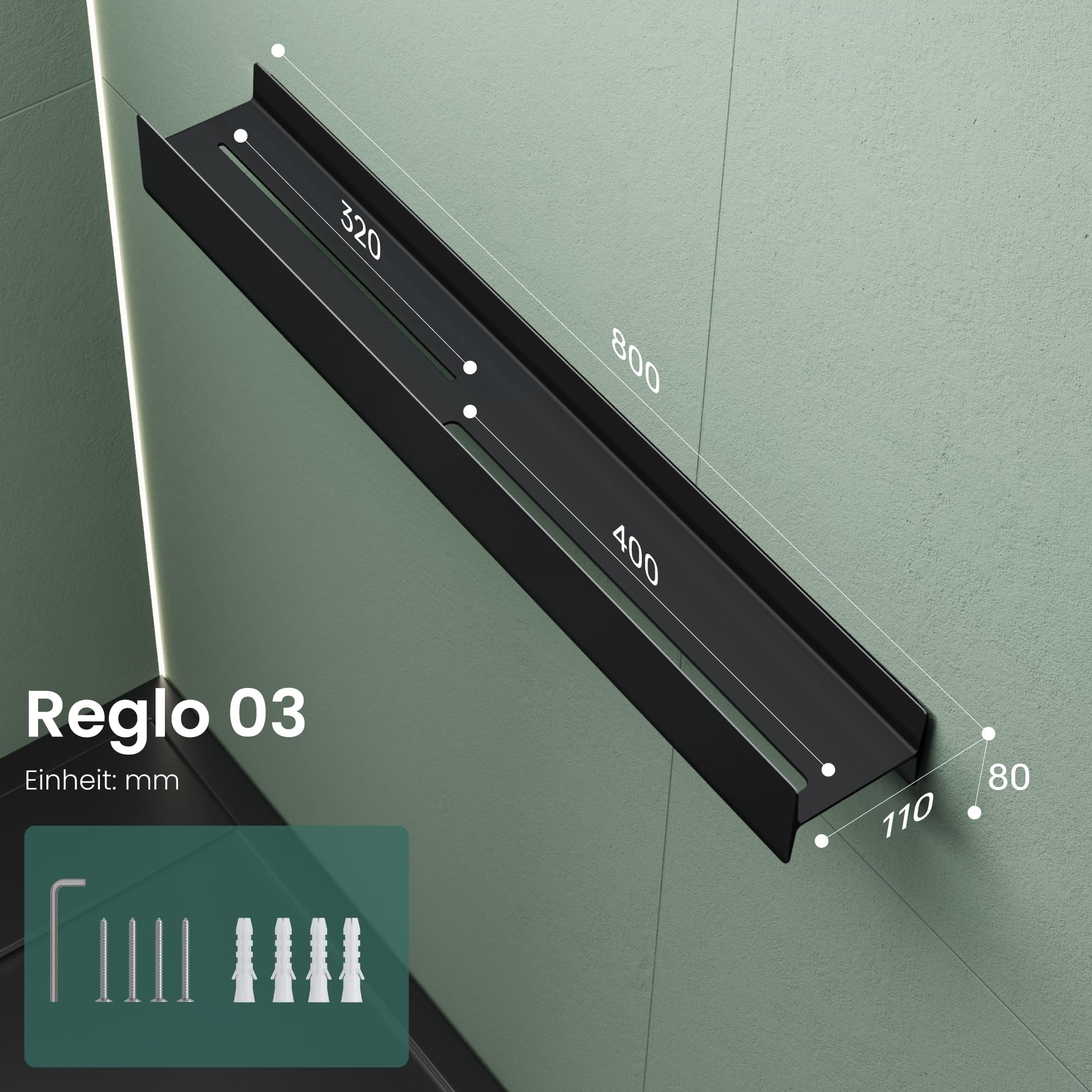 Mai & Mai Duschablage ohne Bohren 80cm Duschregal Matt schwarz | Badregal zum Bohren oder Kleben, Badezimmerablage zur Wandmontage Badezimmer Organizer für Bad, Küche, Reglo-03