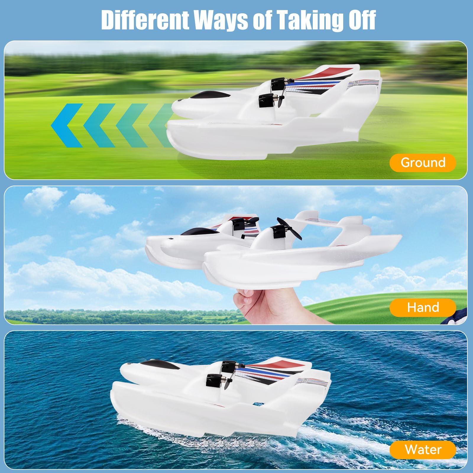 Avión RC Anfibio 3 en 1, 2.4GHz 3CH, para Tierra, Agua y Aire, con 2 Baterías, Material EPP, Blanco