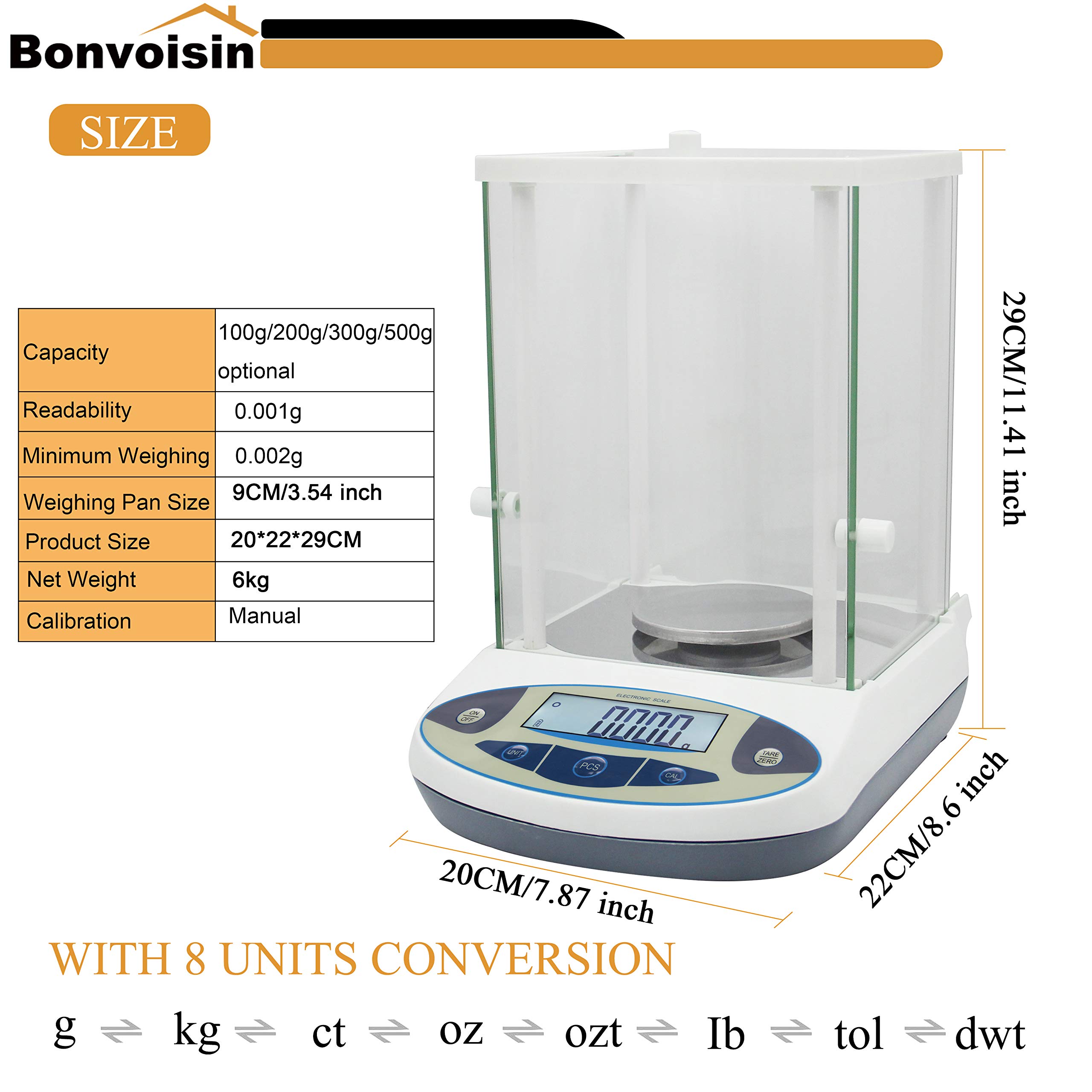 Bonvoisin Bilancia da laboratorio da 1 mg Bilancia analitica di precisione Bilancia elettronica digitale da 0,001 g Bilancia analitica Bilancia scientifica con parabrezza (500 g, 1 mg)