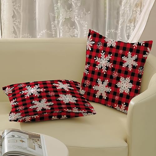 Miniatura 4 de AGAYNA Juego de 2 fundas de almohada de Feliz Navidad de 20 x 20 pulgadas, diseño de búfalo rojo y negro a cuadros, fundas de cojín decorativas para