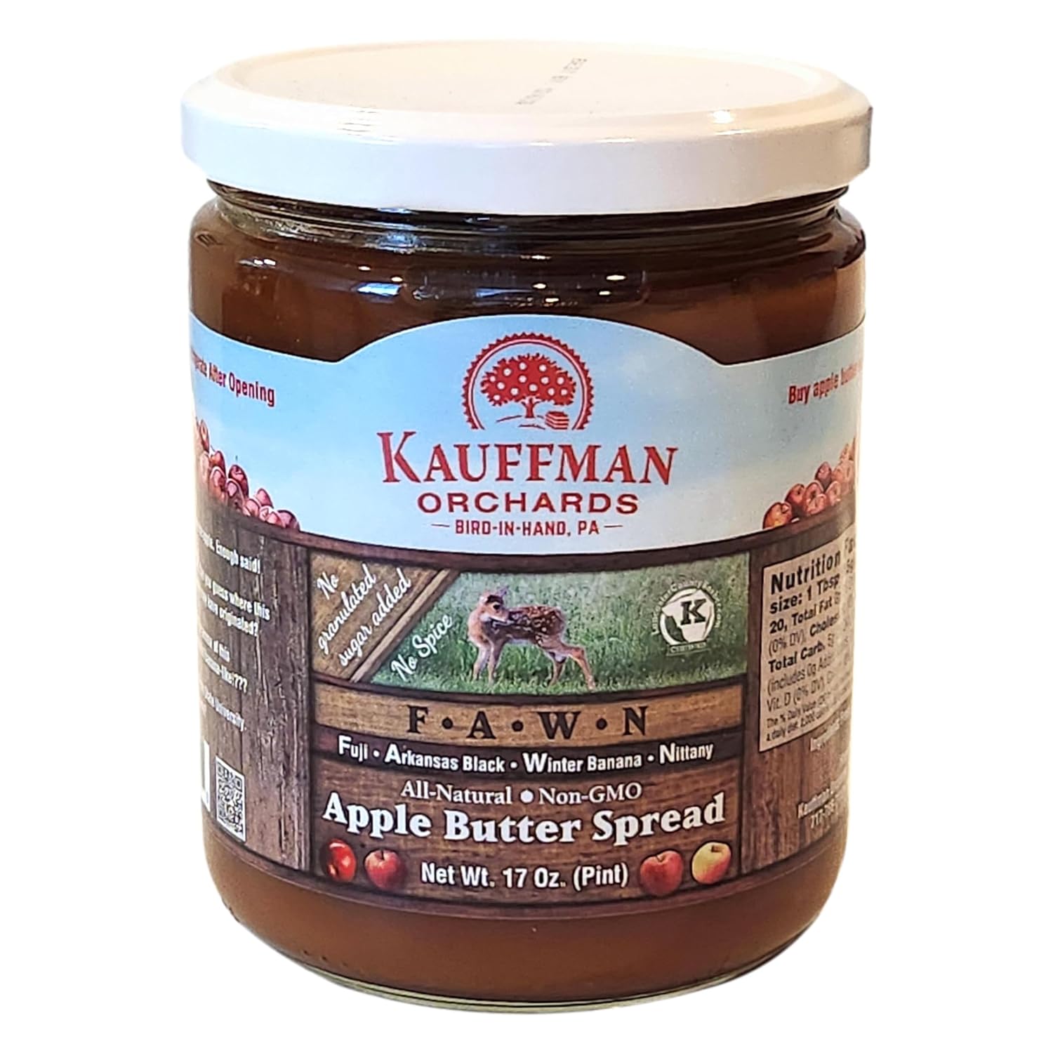 Kauffman Orchards "FAWN" Apple Butter Spread, No Sugar or Spice Added, Made with Fuji, Arkansas Black, Winter Banana, and Nittany Apples, 17 Oz. Jar (Pack of 6)
