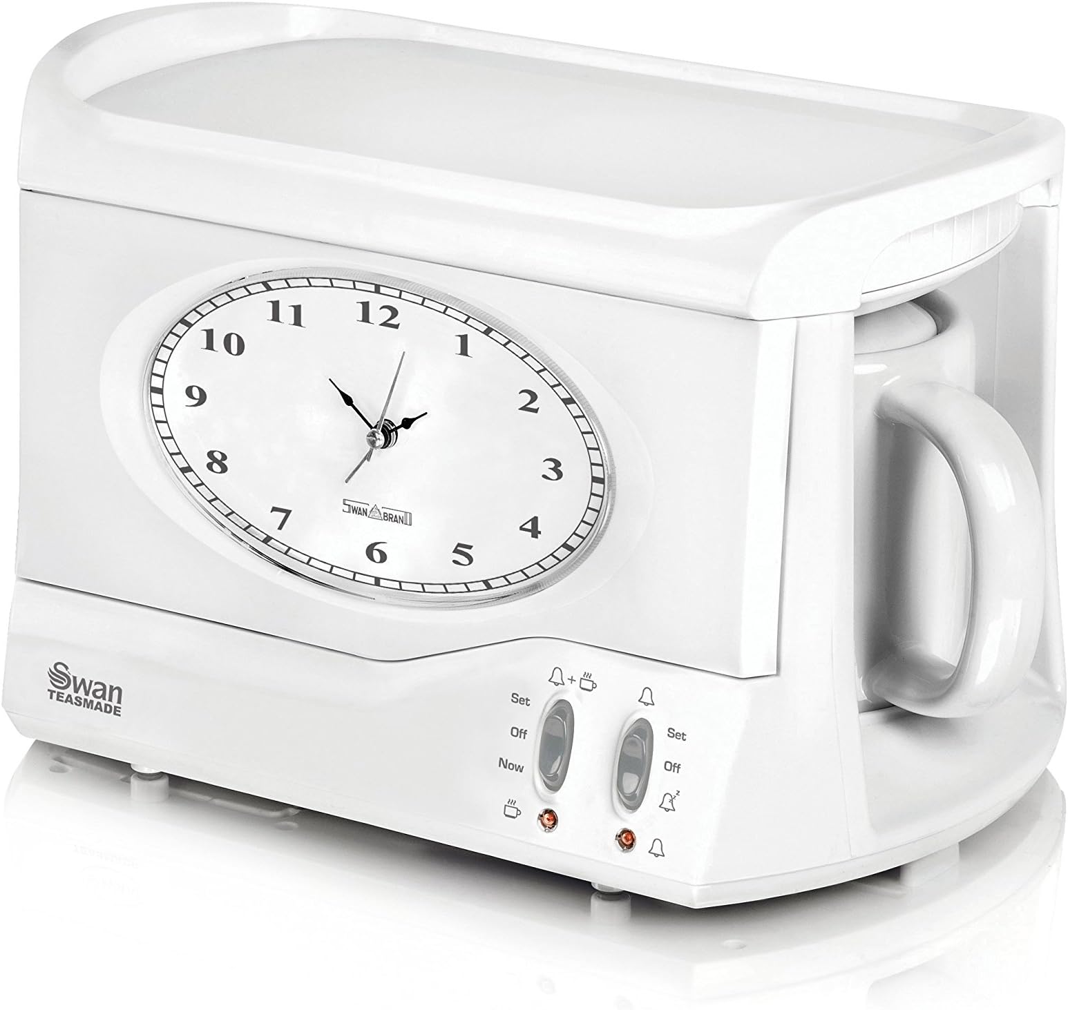 Swan Vintage Teasmade - Rapid Boil with Clock and Alarm, Featuring a Clock Light with Dimmer, 600 ml, 780-850 W, Ceramic Teapot Included, White, STM201N