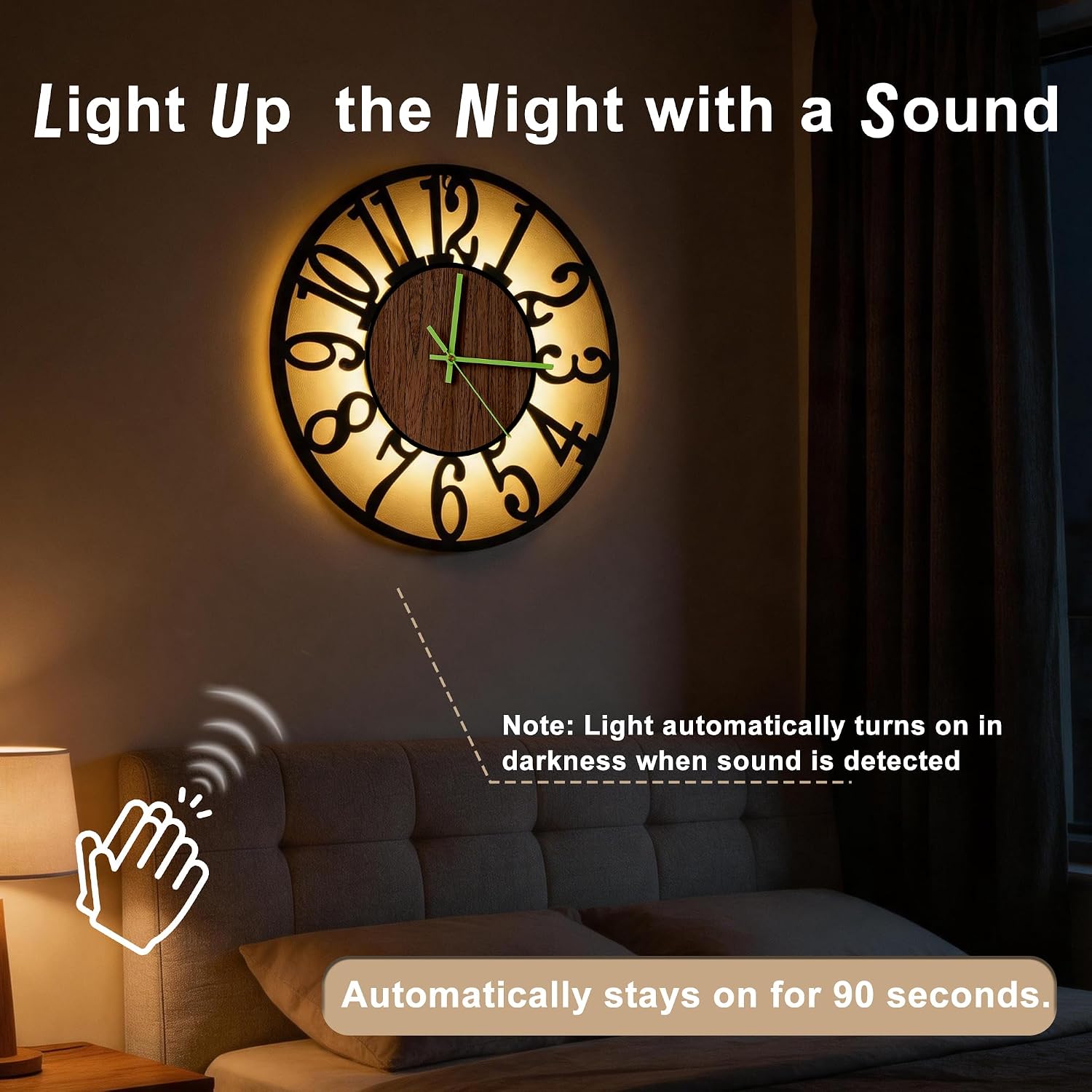 Glow in The Dark Wall Clock Battery Operated, 20’’ Silent Decorative Wall Clock with 3 Modes Night Light, Rustic Modern Metal & Wood Clocks for Living Room Decor, Arabic Numerals