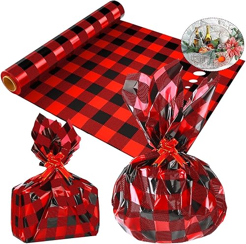 Teling Rollo de celofán navideño de 100 pies de largo y 32 pulgadas de ancho, 3.1 mil, papel de regalo transparente de plástico, cesta de regalo de