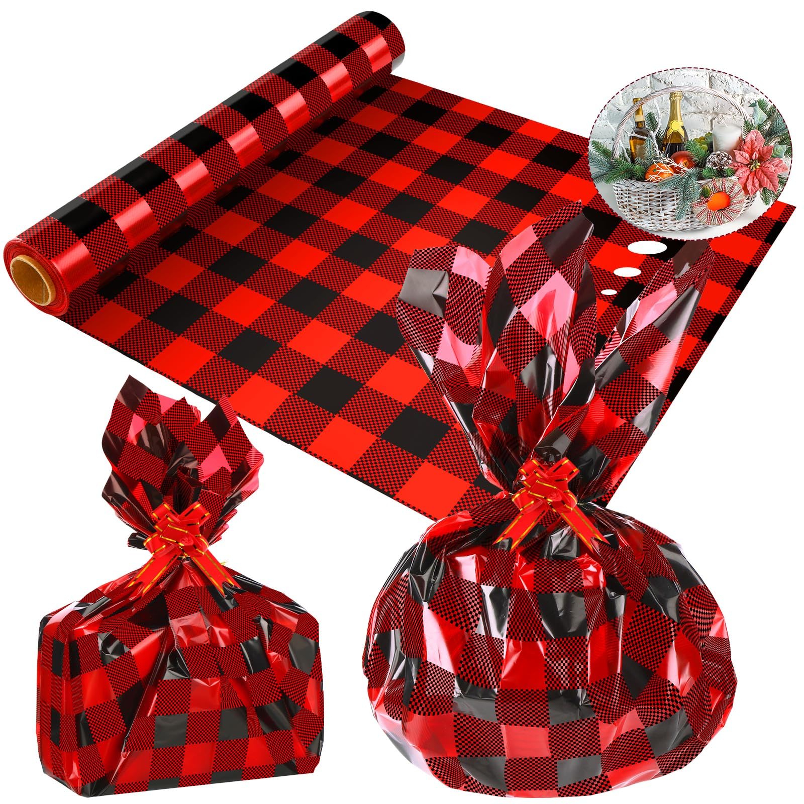 Christmas Cellophane Wrap Roll 100 ft Long 32 Inch Wide 3.1 Mil Thicken Long Film Wrapping Paper Plastic Gift Bags Large Basket Wrap for Xmas Decor Arts Crafts Flower(Black and Red,Plaid)