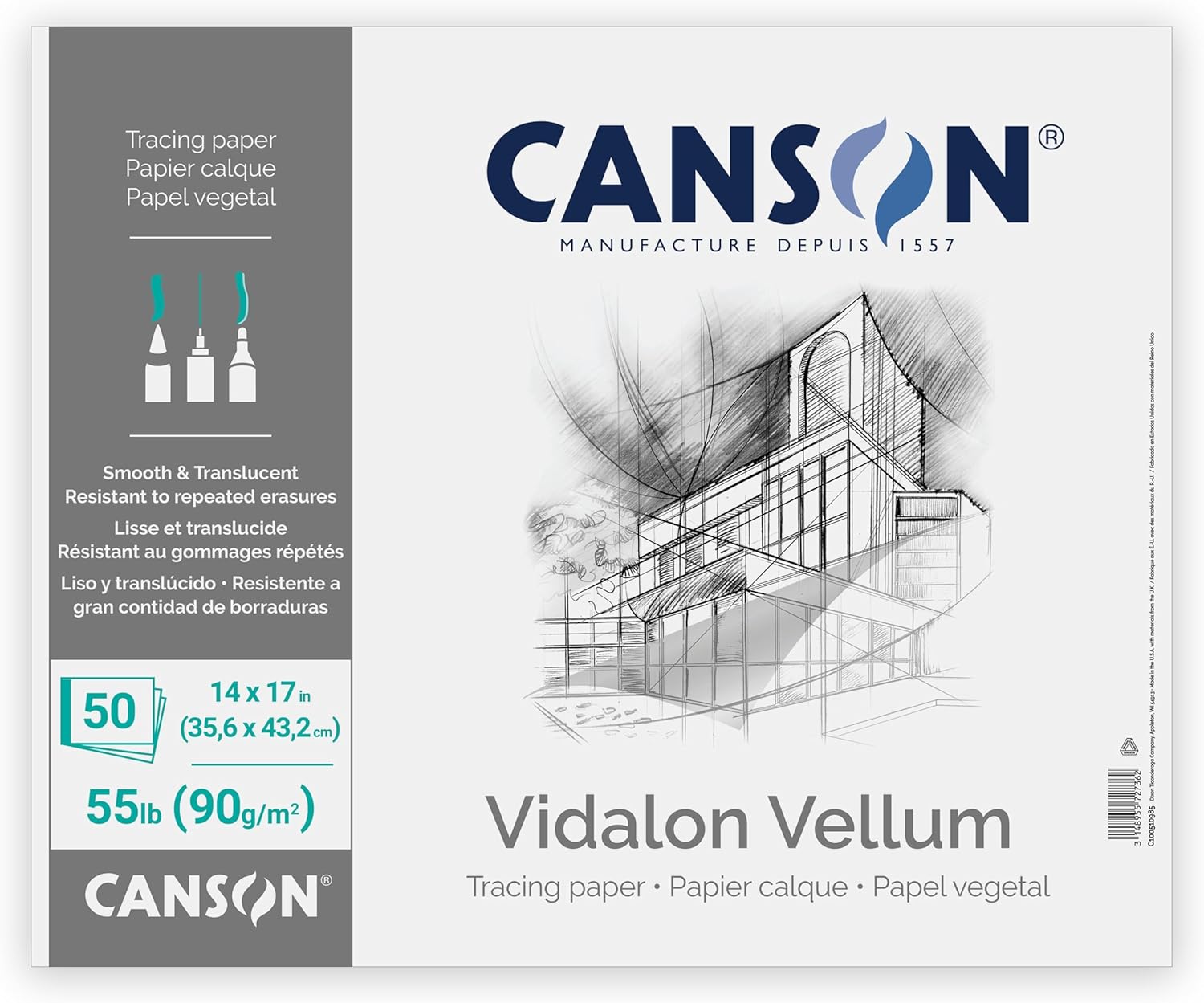 Canson Artist Series Vidalon Vellum Paper, Foldover Pad, 14x17 inches, 50 Sheets (55lb/90g) - Artist Paper for Adults and Students