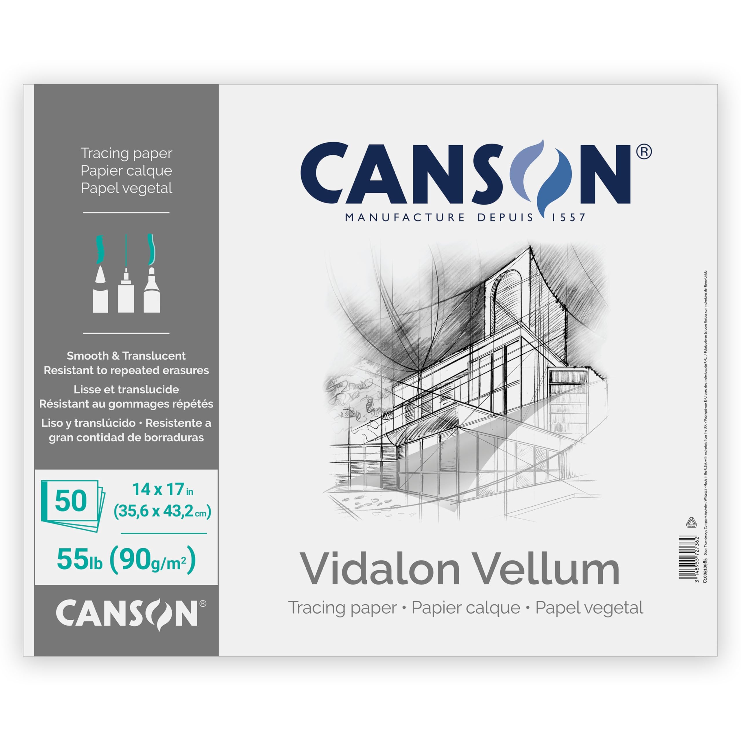 Canson Artist Series Vidalon Vellum Paper, Foldover Pad, 14x17 inches, 50 Sheets (55lb/90g) - Artist Paper for Adults and Students