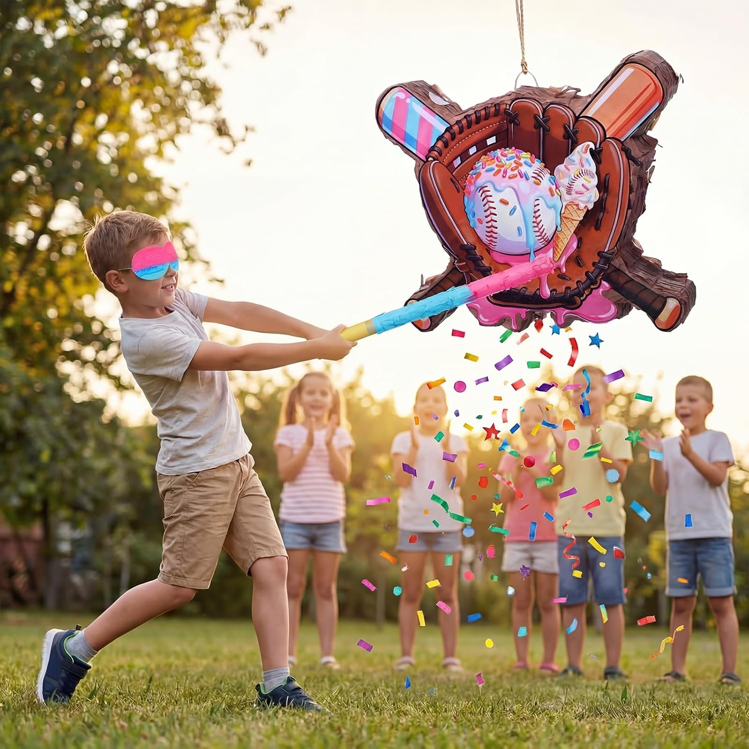 Jexine Ice Cream Drip Baseball Piñata Set Ice Cream Sport Party Supplies Fiesta Piñata Bundle with Blindfold Bat Stick for Summer Sport Baseball Drip Birthday Party Event Supplies Decor
