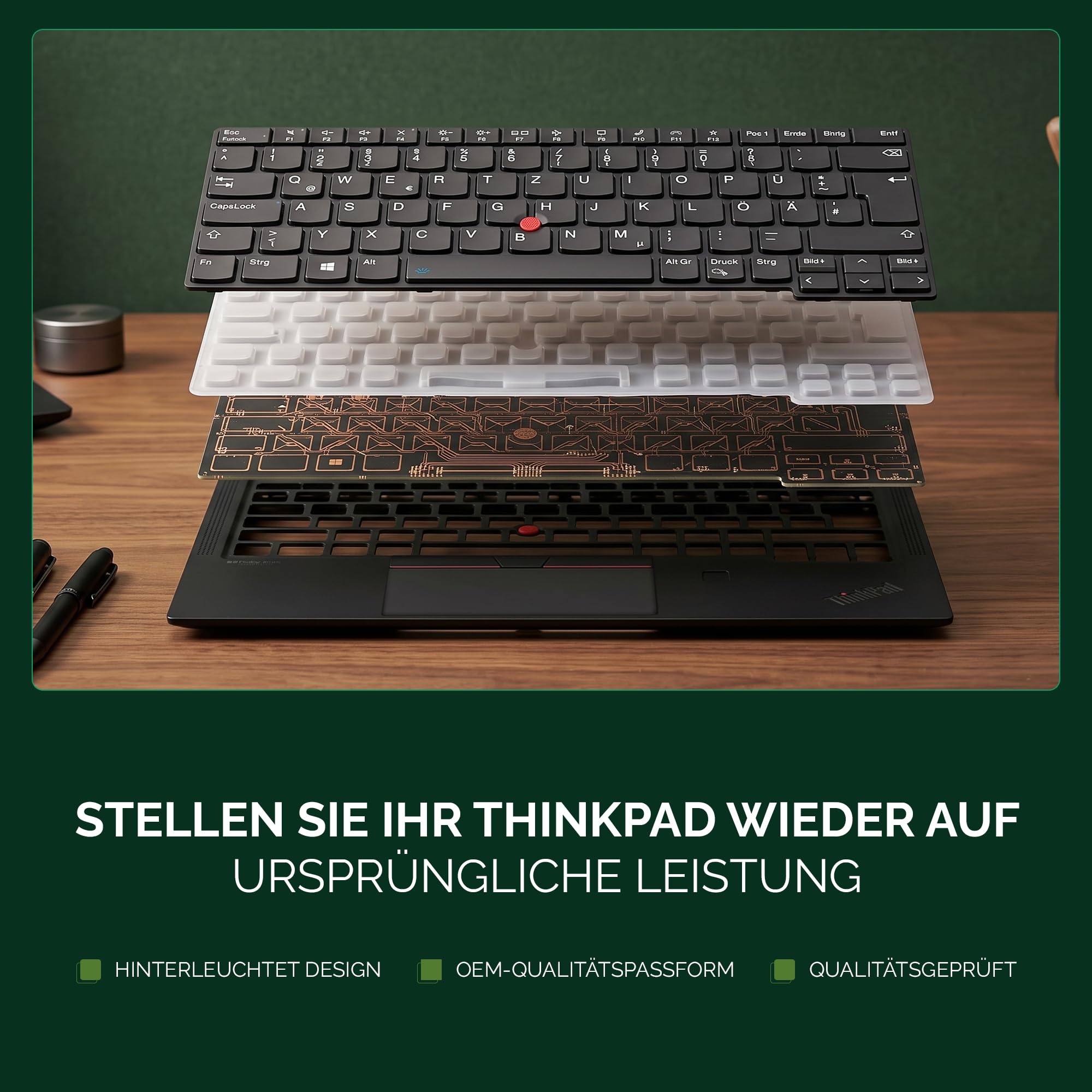 Handballenauflage mit Tastatur kompatibel mit Lenovo ThinkPad X1 Carbon Gen 10 / X1 Carbon Gen 11 - Deutsches QWERTZ-Layout, beleuchtet, TrackPoint, schwarz