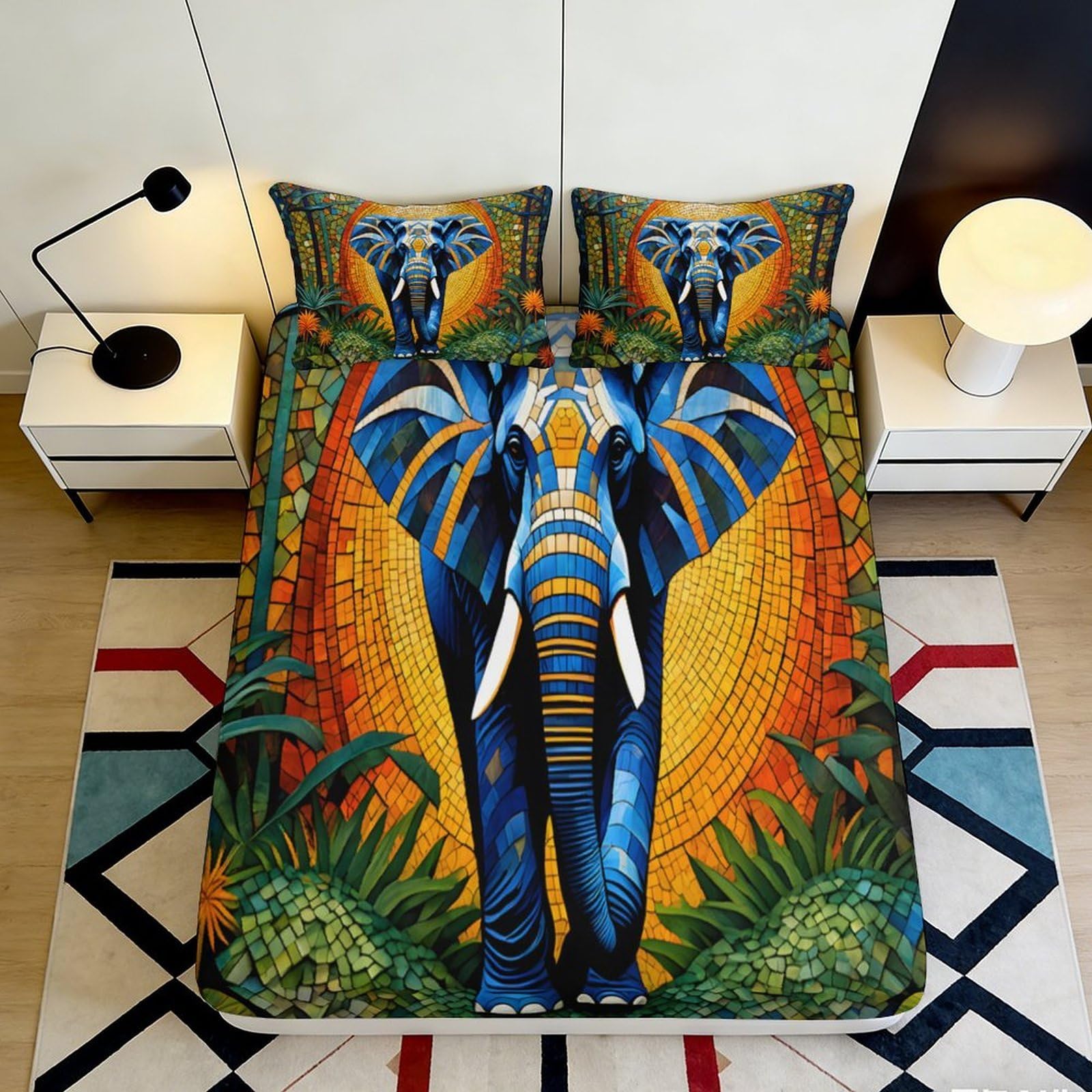 3D Printed Vibrant Elephant Fitted Sheet Microfiber Soft Breathable Jungle Sunset Bed Cover for Bedroom Dorm Decor 90x200x25cm