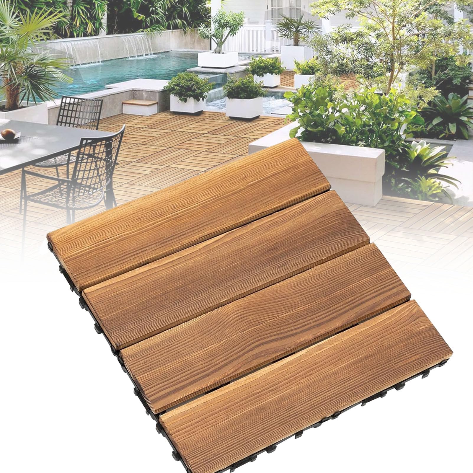 Piastrelle Antiscivolo per balconi e spazi Esterni 4-Slat-9pc | Piastrelle a incastro in legno di acacia (30x30 cm) con base drenante; resistenti alle intemperie, ideali per giardino