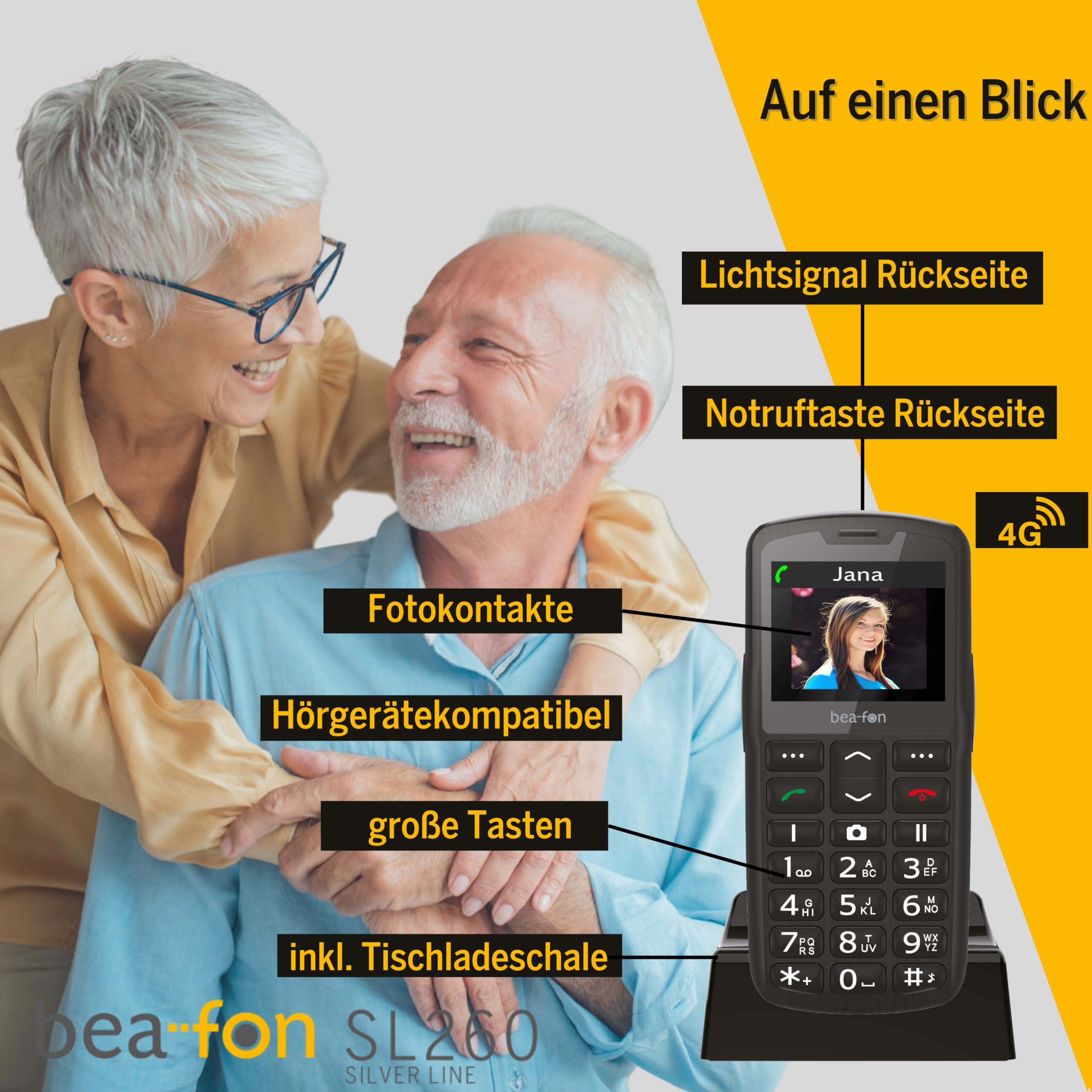 Beafon, SL260 LTE 4G, Silverline, telefon z przyciskiem, telefon komórkowy dla seniorów z przyciskiem alarmowym SOS, kompatybilny z aparatami słuchowymi, M4/T4, sygnał świetlny, wyświetlacz 2,2" (5,58