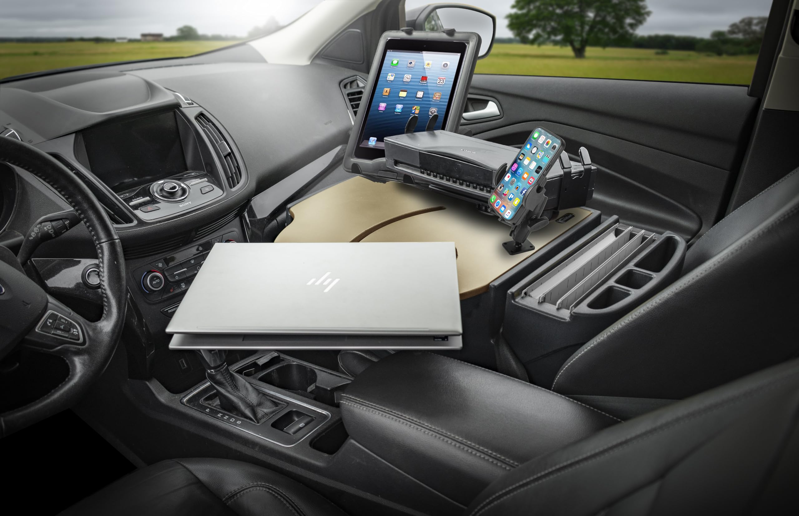 AutoExec Roadmaster - Scrivania da Auto per postazione di Lavoro e Ufficio Mobile, Modello Mojave, con invertitore di Potenza da 400 Watt, Supporto per Telefono, Supporto Tablet e Supporto per