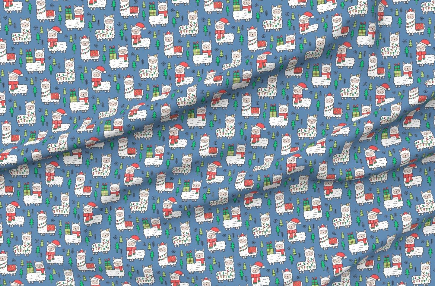 Spoonflower Fabric - Holidays Christmas Llamas Dark Blue Navy Llama Winter Trees Fall Printed on Organic Cotton Sateen Fabric by The Yard - Sewing Quilting Apparel Home Decor