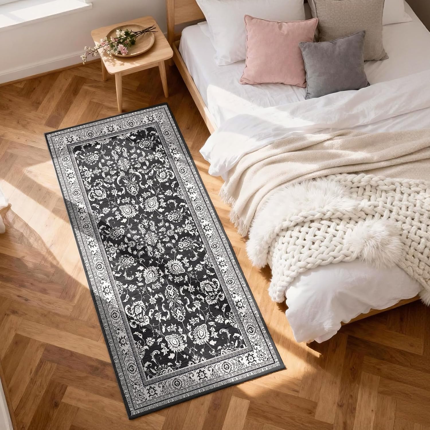 2x6 Runner Rugs for Hallways: Washable Kitchen Rugs Ultra Soft Vintage Carpet Low Pile Floral Runner with Rubber Backing Non Slip for Bedroom Bathroom Laundry Living Room Dining Black White