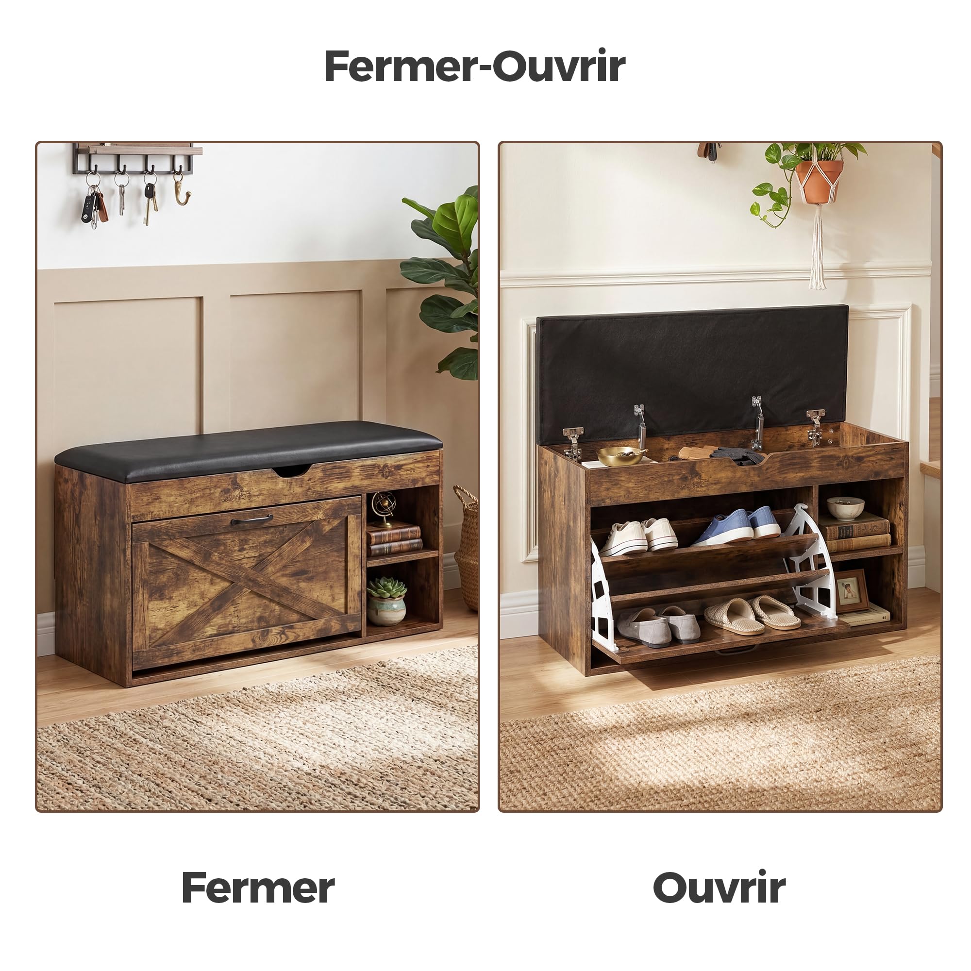 BonVache Banc à Chaussures avec Assise, Banc à Chaussures à 3 Compartiments avec Compartiment de Rangement, étagères réglables, étagère Salon ou l'entrée, Charge maximale de 150 kg, Marron Vintage