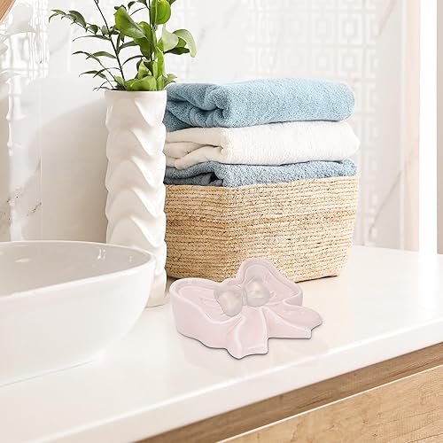 Miniatura 6 de Jabonera con lazo, caja de jabón de cerámica en forma de lazo, jabones de cerámica para baño, fregaderos, cocina (rosa)