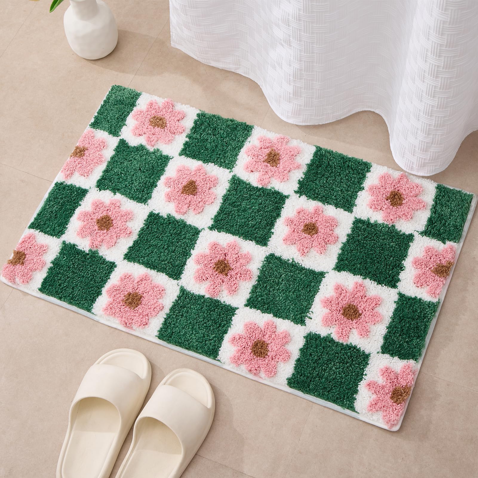 Amazon.com: ORTIGIA Cute Bath Mat Bathroom Mats Checkered Pink Green Flower Bathroom Rugs Non ...