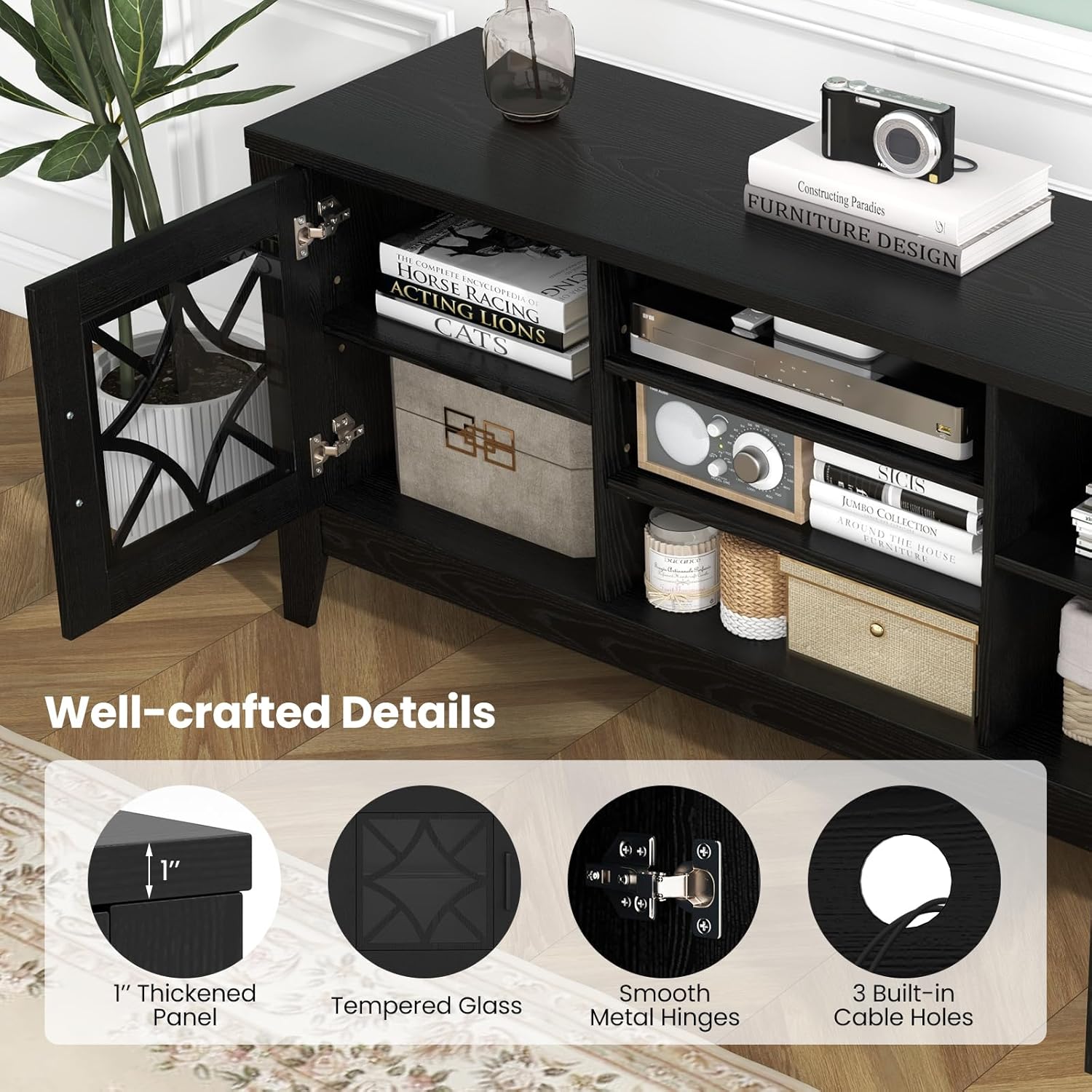 Tangkula Farmhouse TV Stand for TVs Up to 65-in, Classic Media Entertainment Center w/Glass Door Cabinets & 4 Adjustable Shelves, Modern TV Console Table w/ 3 Cable Holes for Living Room (Black)