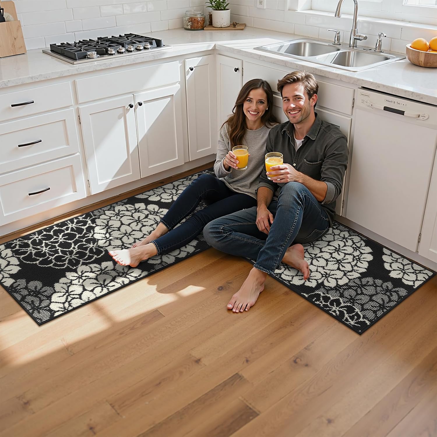 Vaukki Floral Kitchen Rug Sets of 3, Non Slip Kitchen Mats for Floor, Soft Machine Washable Kitchen Rug Runner, Farmhouse Kitchen Floor Carpet for Kitchen, Laundry (Black, 20"x32"+20"x48"+20"x59")