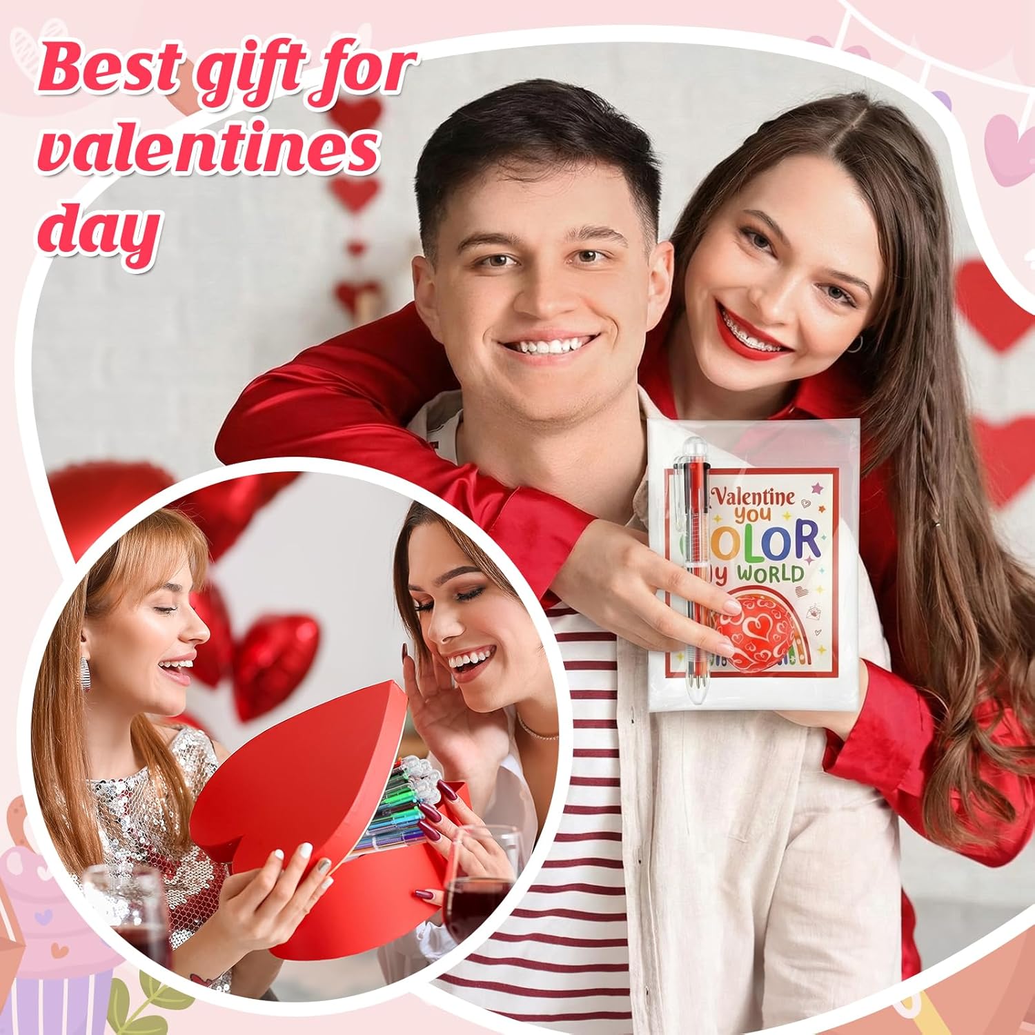 Tinlade 30 Set Valentine's Day Heart Stress Ball and 6 in 1 Multicolor Ballpoint Pens with Cards Set Mini Heart Shaped Stress Relief Fidget for Valentine Party Exchange(Pink Style)