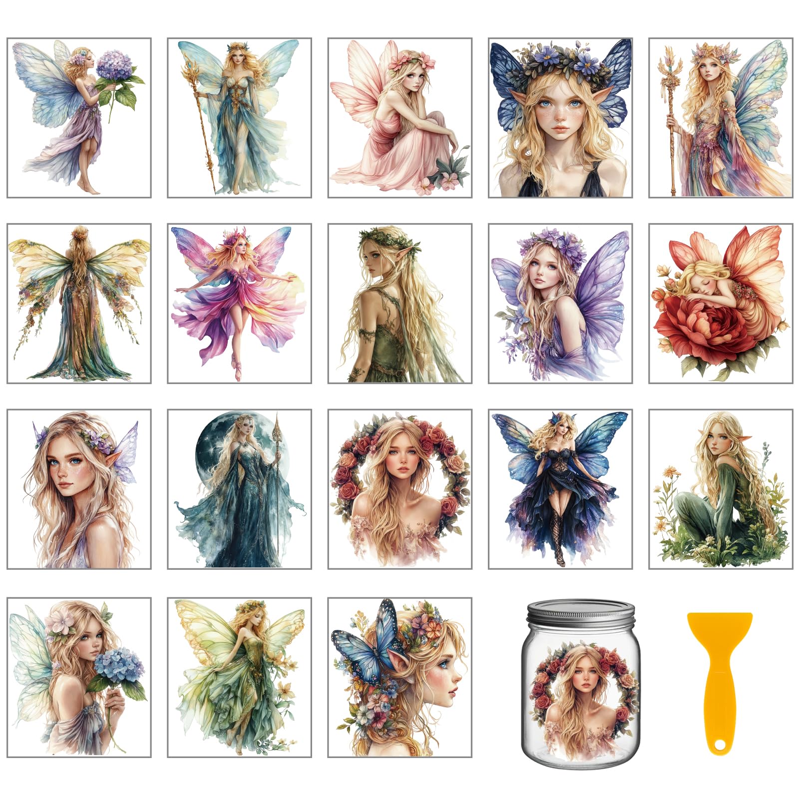 GLOBLELAND 18 Sheets Fairy Rub on Transfer 3.9x3.6inch Colorful Elf Flower Vase Home Decals Butterfly Wings Cup Transfer Stickers for Furniture Vase Glass Art Crafts Decorations