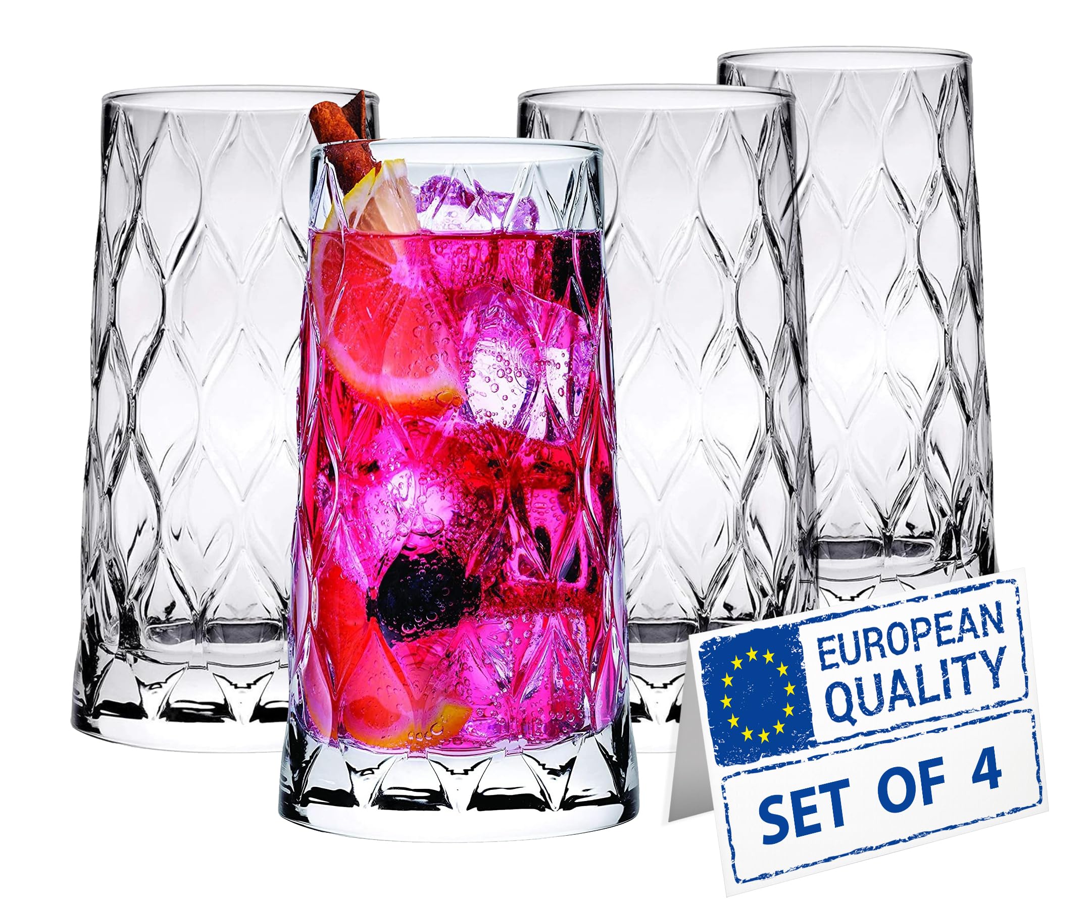 Premium Highball Glasses Set of 4, 11.5 oz Crystal Clear Bar Glassware for Mojito Beverages and Tom Collins, Mixed Drinks, Cocktail, Water Glass