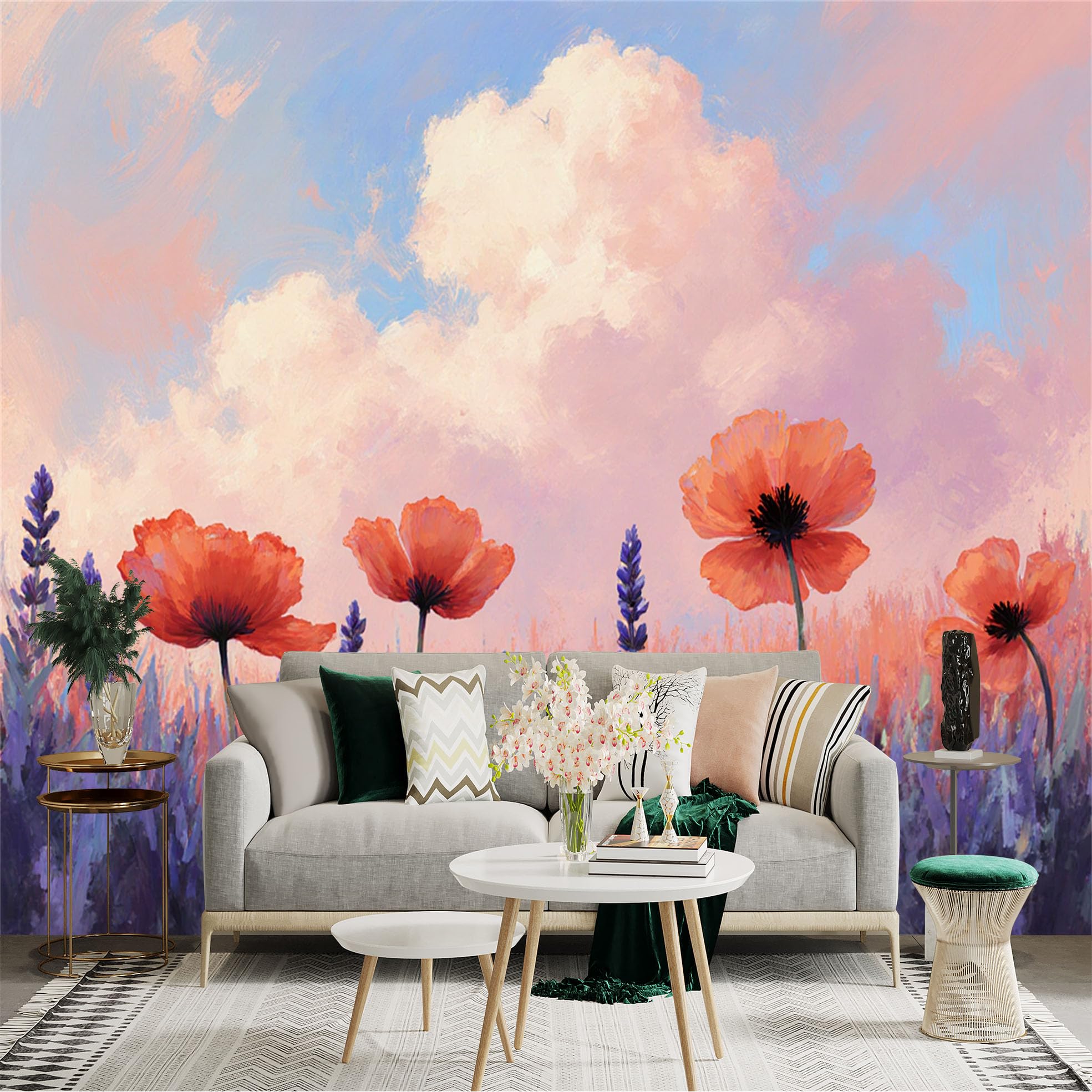 Custom Size Wall Sticker Mural， Impressionist Red Wildflowers， Purple Lavender Field， Dreamy Pastel Pink Sky， Soft Oil Painting Landscape， for wall Decoration， peelandstick wall Decals.