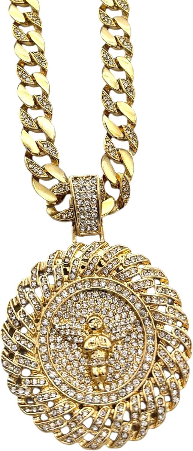 GIFTS INFINITY Iced Out Angel Medallion Pendant with Cuban Chain – Gold Tone – CZ Studded Bling Hip-Hop Necklace for Men