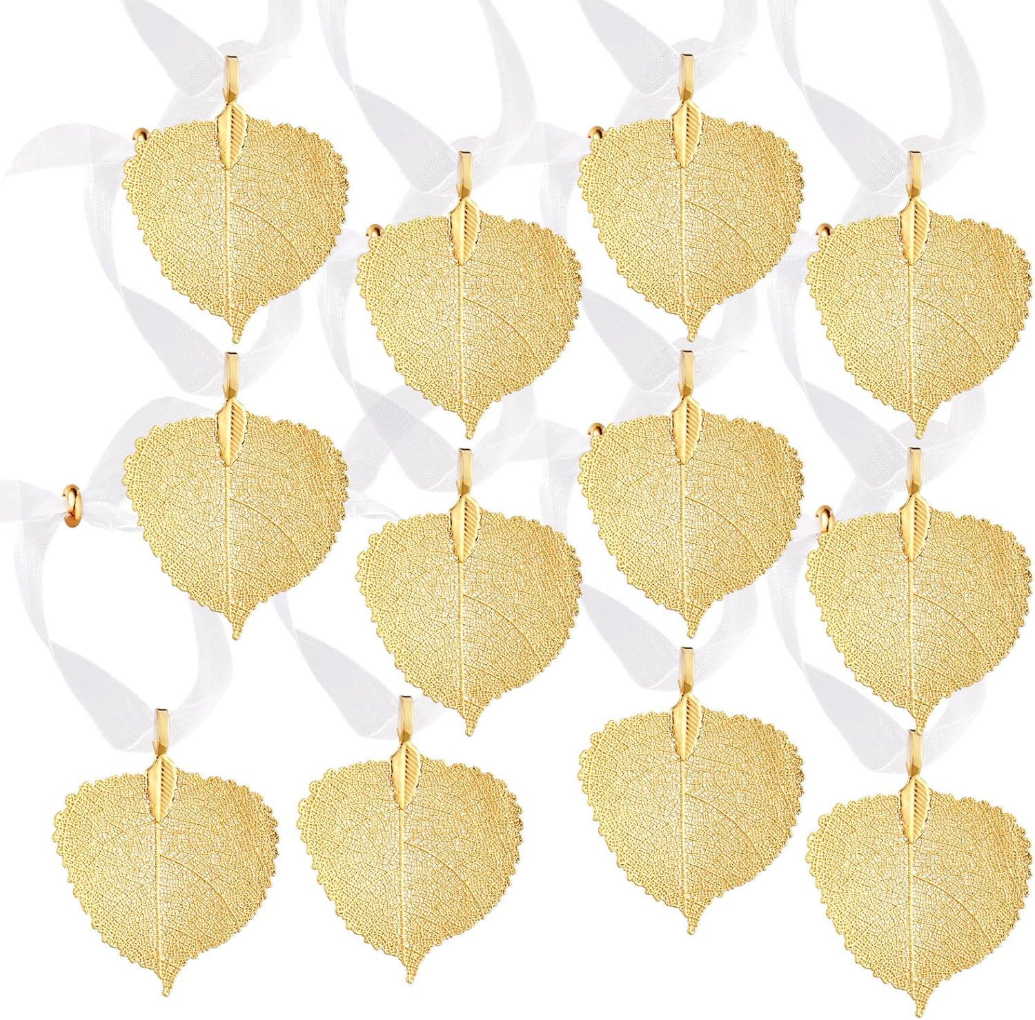 Thyle 12 Pcs Aspen Leaf Ornament Table Gift 24k Gold Dipped Real Leaves 1.8 Inch with Ribbon Ties Bottle of Wine Ornament Decor Gift for Wedding Valentines Holiday DIY Craft