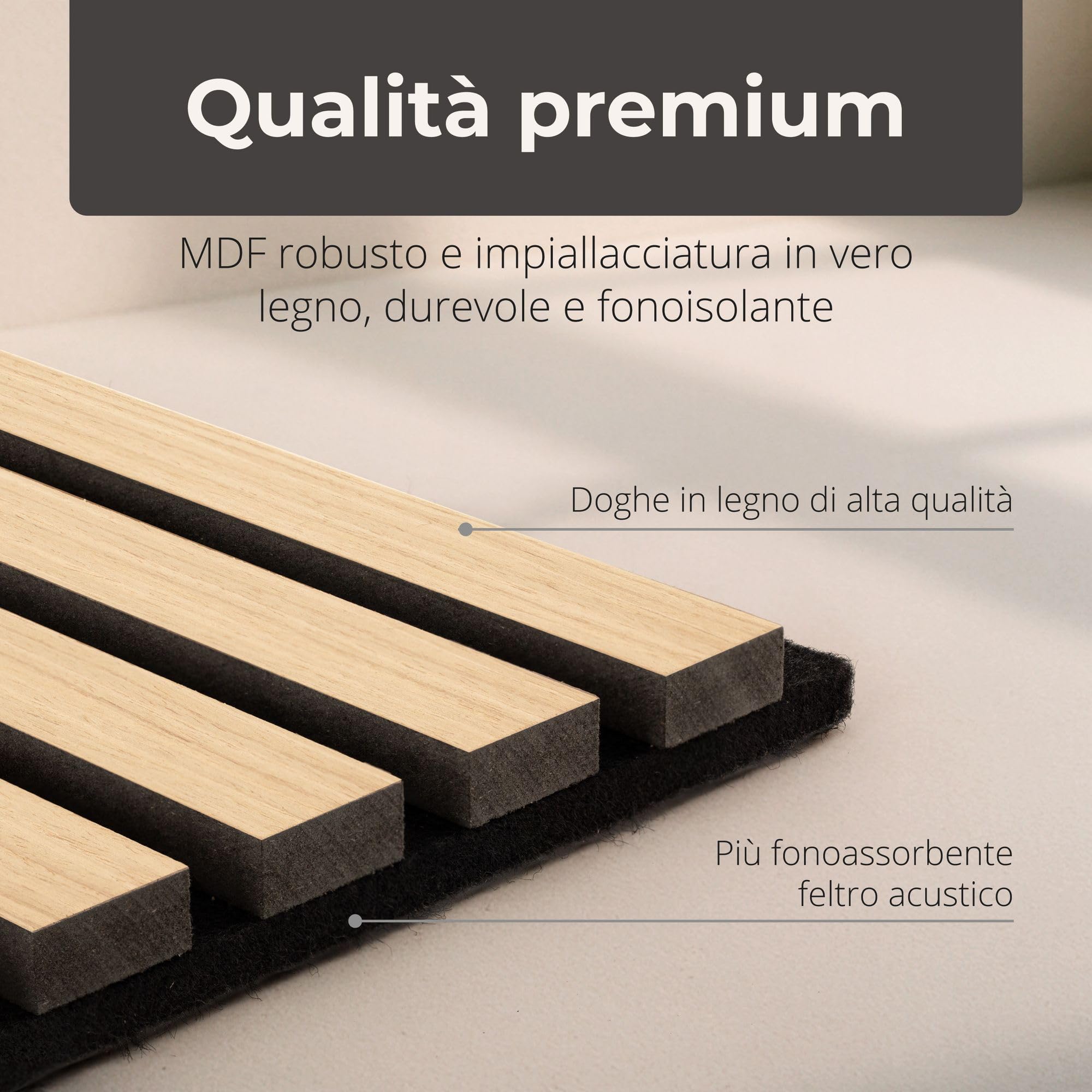4 pannelli acustici in legno 120x60 cm con lamelle rovere chiaro – pannelli da parete per ridurre il riverbero in casa e in ufficio – rivestimento parete 3D interno