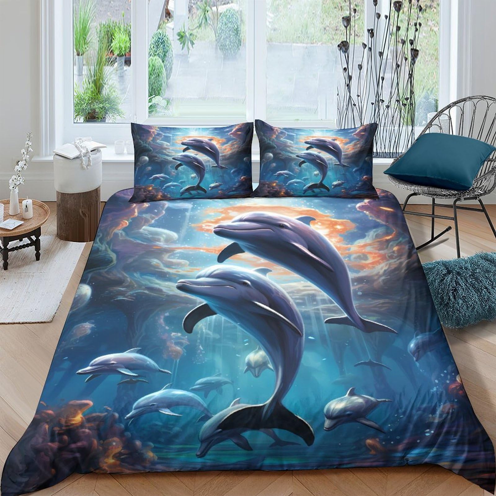 Ctjqhvkz Style-3 3D Printed Ocean Dolphin Fitted Sheet Microfiber Anti-Slip Underwater Mattress Cover For Bedroom Dorm Decor Easy Care Single（135X200cm）