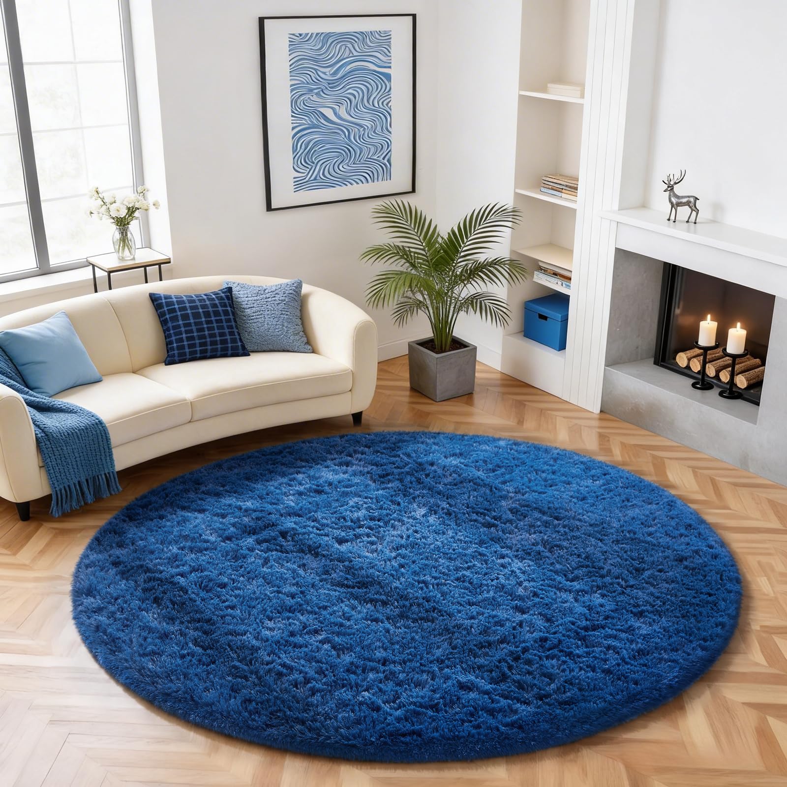 ophanie round rug 6ft blue circle area rug, boys room decor, fluffy fuzzy bedroom carpet, plush soft shaggy living room rugs for kids home decor aesthetic, nursery