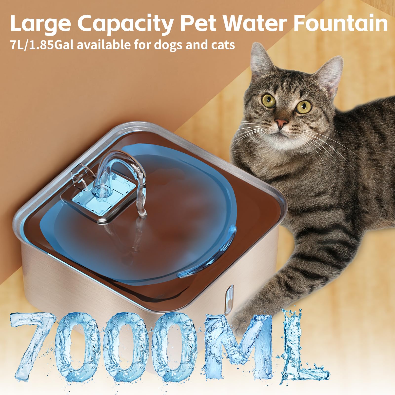Fuente de agua para perros de 7 l de acero inoxidable con ventana, bomba silenciosa, 6 filtros de repuesto, filtro cuádruple, agua circulante, para varios gatos