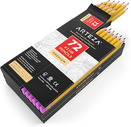 Arteza HB Pencils #2, paquete de 72, lápices de grafito con carcasa de madera a granel, preafilados, con borradores sin látex, suministros de