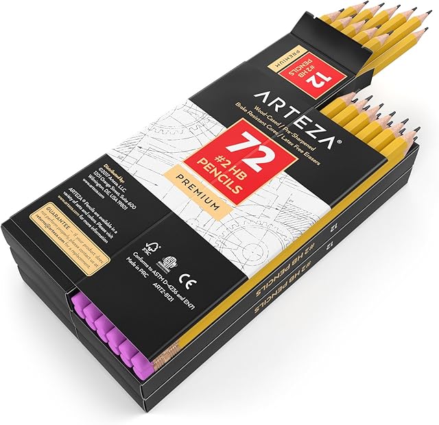 ARTEZA 2 HB Wood Cased Graphite Pencils with Rubbers, Bulk Pack of 72, Pre-Sharpened with Latex Free Rubbers, for School, Office, Writing, Drawing and Sketching