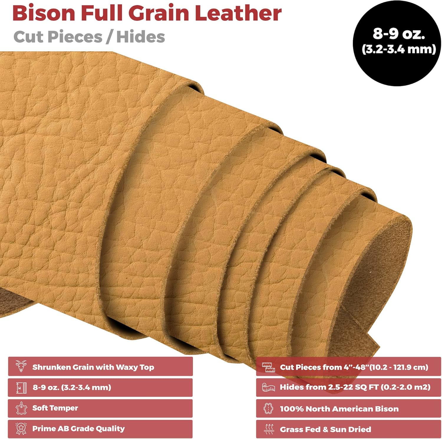 ELW Genuine American Leather Bison 8-9 oz (3.2-3.4mm) Palomino Pre-Cut 6-8 SQ FT - Full Grain Leather Bison Hide DIY Craft Projects, Bag, Chap, Motorcycle, Clothing, Jewelry, Moccasins