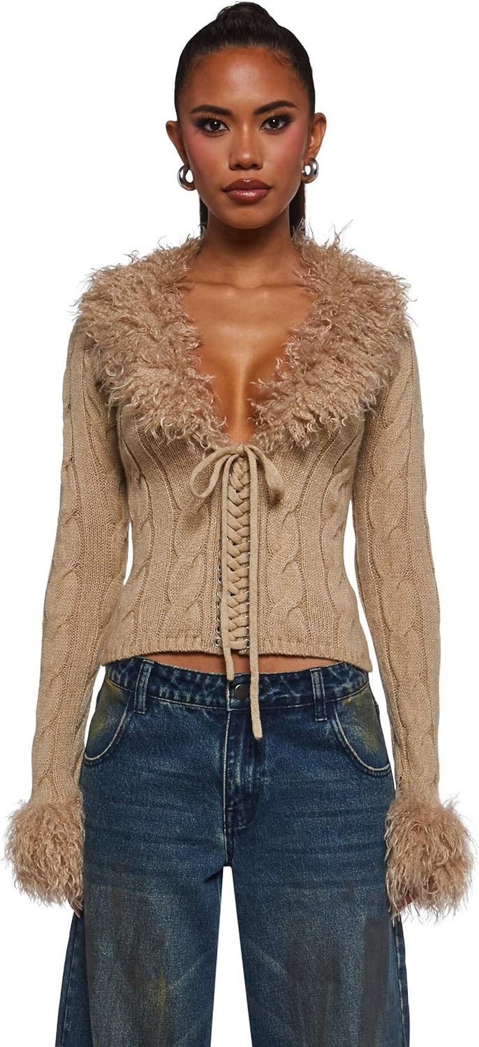 Dolls Kill Covet Cable Knit Cardigan by Generation Kiss – Women’s Lace-Up Knit Sweater with Faux Fur Trim