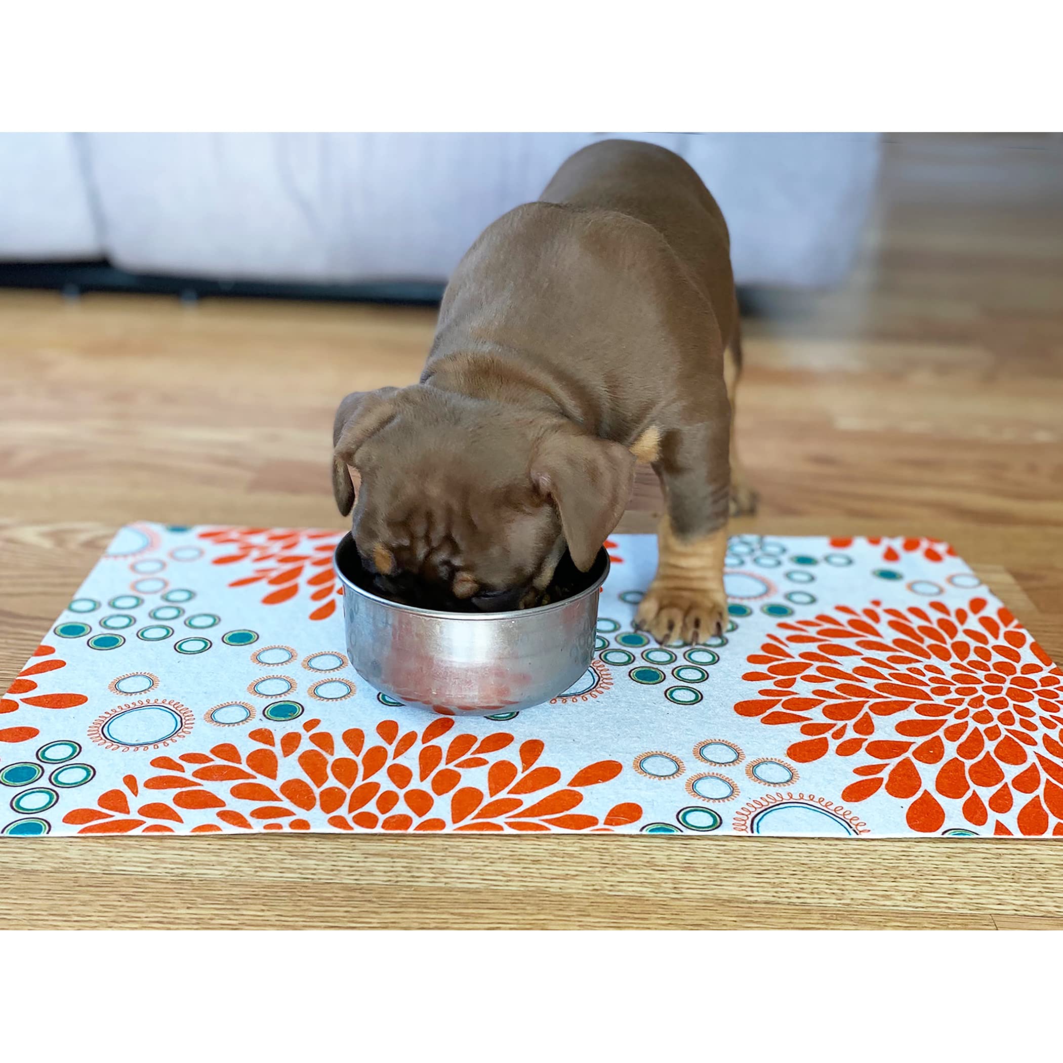 Drymate Futternapf-Platzset, Futtermatte für Hunde und Katzen, saugfähiger Stoff, wasserdichte Unterseite, rutschfest, maschinenwaschbar, langlebig, 30,5 x 50,8 cm, Orange/Türkis
